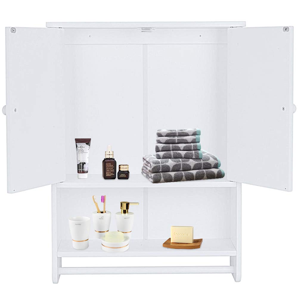 White Wall Mounted Cabinet with Double Doors & Hanging Bar - Bathroom & Kitchen Storage Cupboard for Towels, Dishes & Organizing Essentials