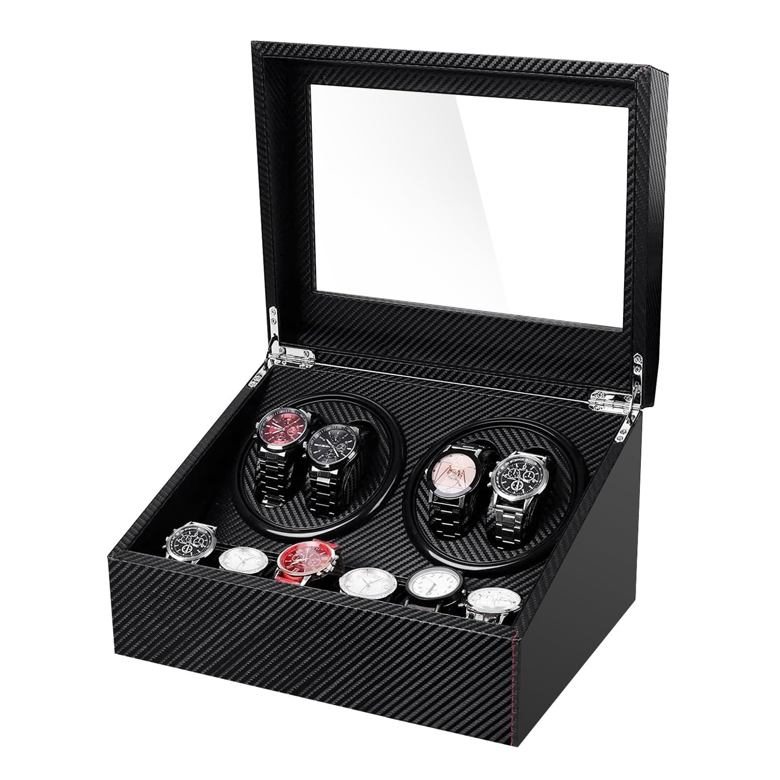 Premium Automatic Watch Winder for 6 Watches - Carbon Fiber Design with 4 Rotation Settings | Perfect for Luxury Watch Collection, Travel & Nightstand Storage