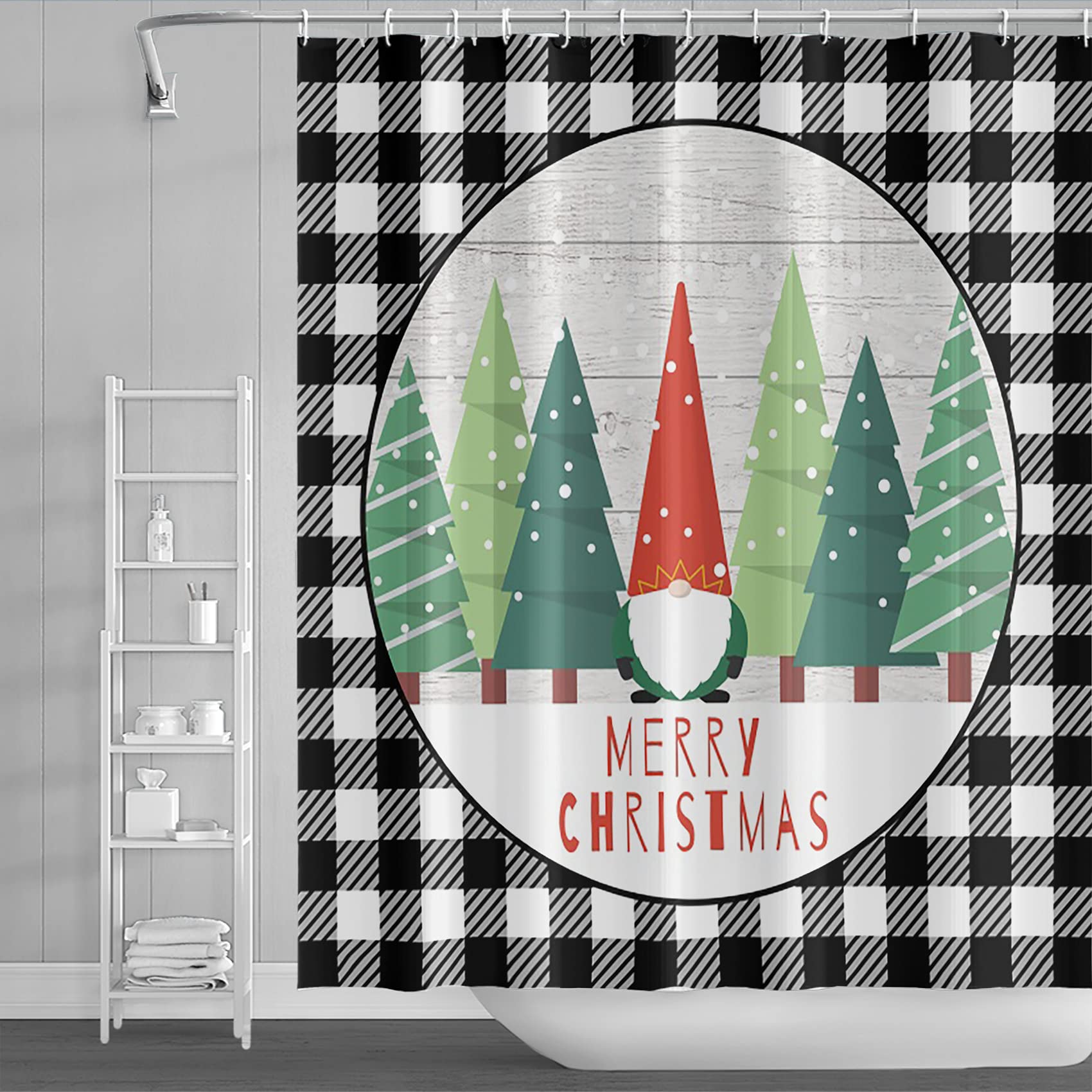 Yeele Christmas Tree Shower Curtain - Black White Grid Holiday Bathroom Decor with Hooks, 48x72 Inch - Perfect for Winter Wonderland Theme, Gnome & Modern Home Decor (Ideal for Christmas Bathroom Makeover & Festive Gift)