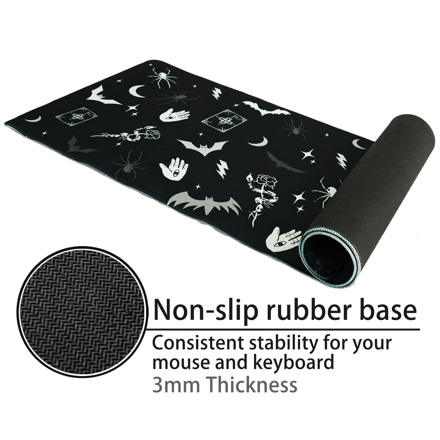 Gothic XL Gaming Mouse Pad - Black & White Spider Bat Design, Large Extended Mouse Mat (31.5x11.8 Inch) for PC & Laptop - Perfect for Halloween Decor, Goth Desk Accessories & Gaming Setup