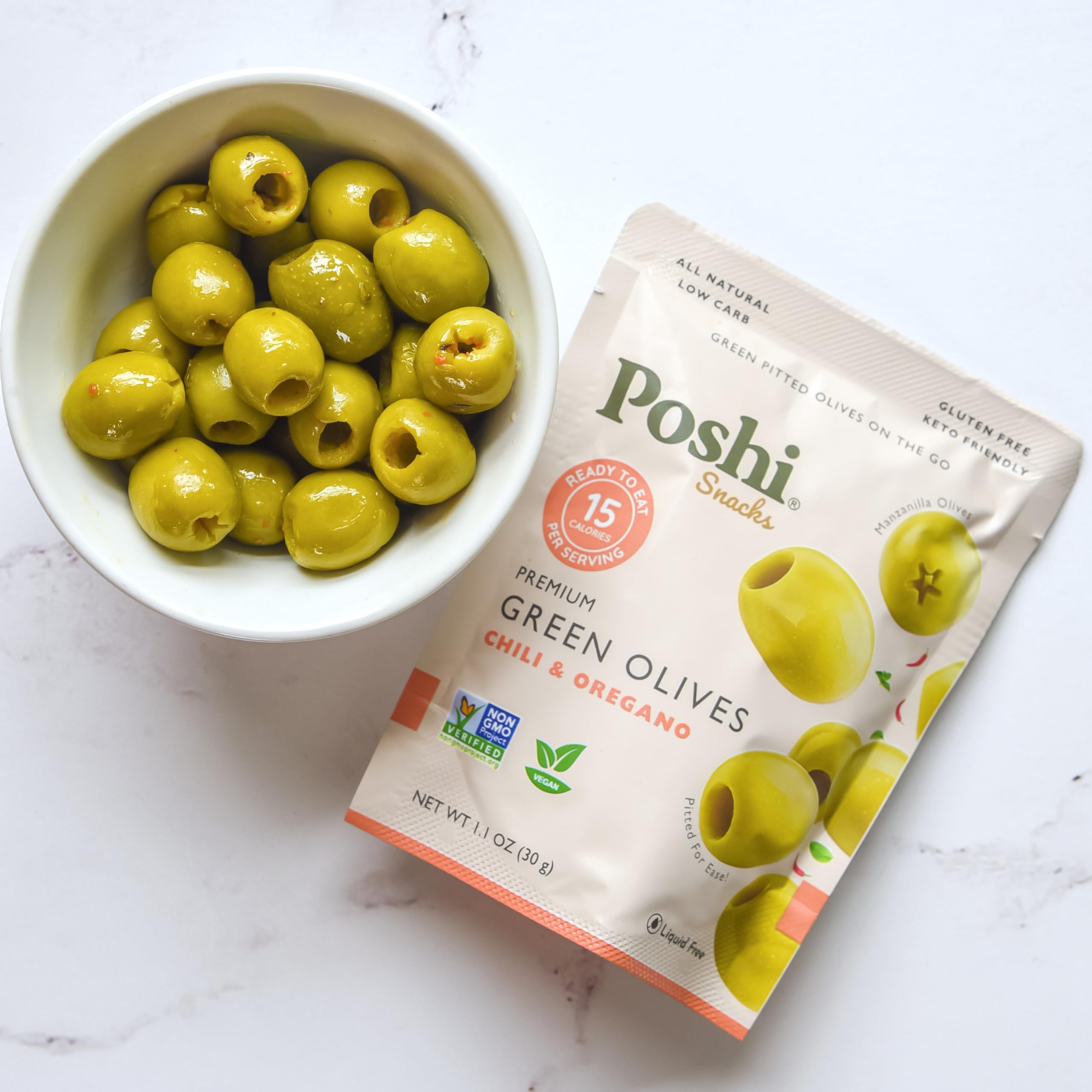 Poshi Green Pitted Olives with Chili & Oregano | Vegan, Kosher, Gluten-Free, Keto-Friendly Snacks | All Natural, Low-Calorie Healthy Snack (30 Pack, 1.1oz Bags) | Perfect for On-the-Go, Lunch Boxes & Party Platters