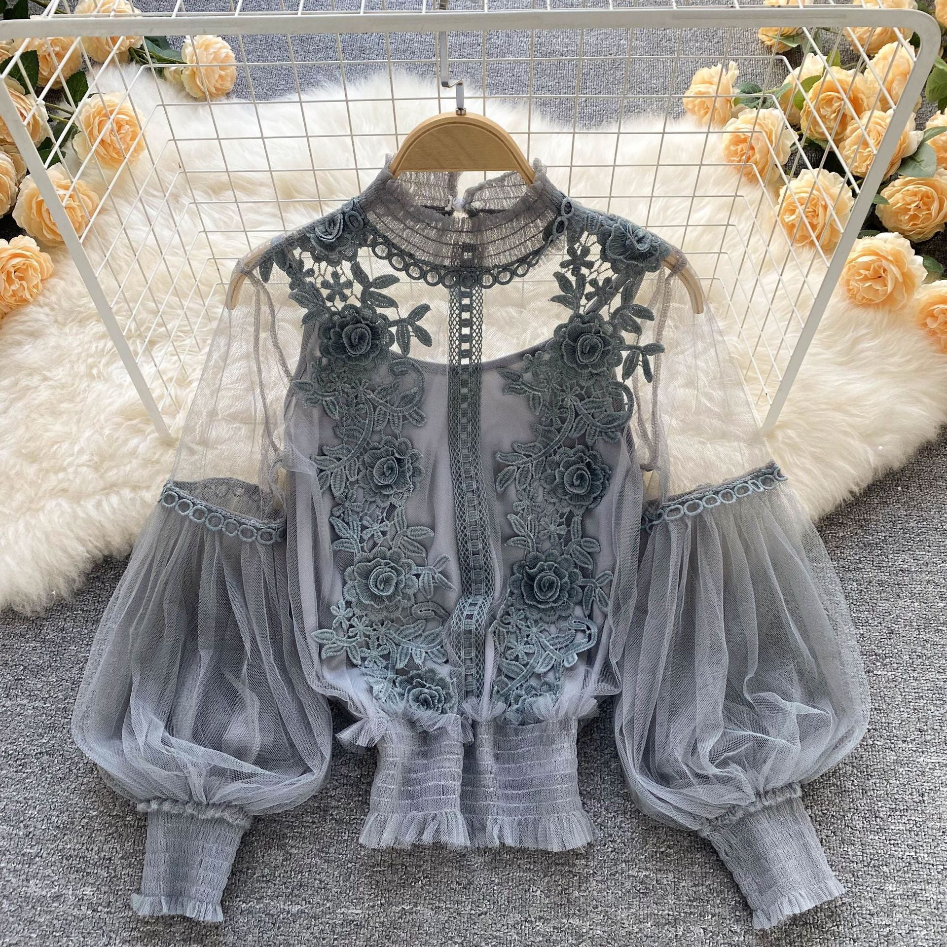 3D Floral Mesh Lantern Sleeve Blouse - Women's Short Lace Top 833 | Perfect for Summer Outfits, Date Nights & Boho Fashion