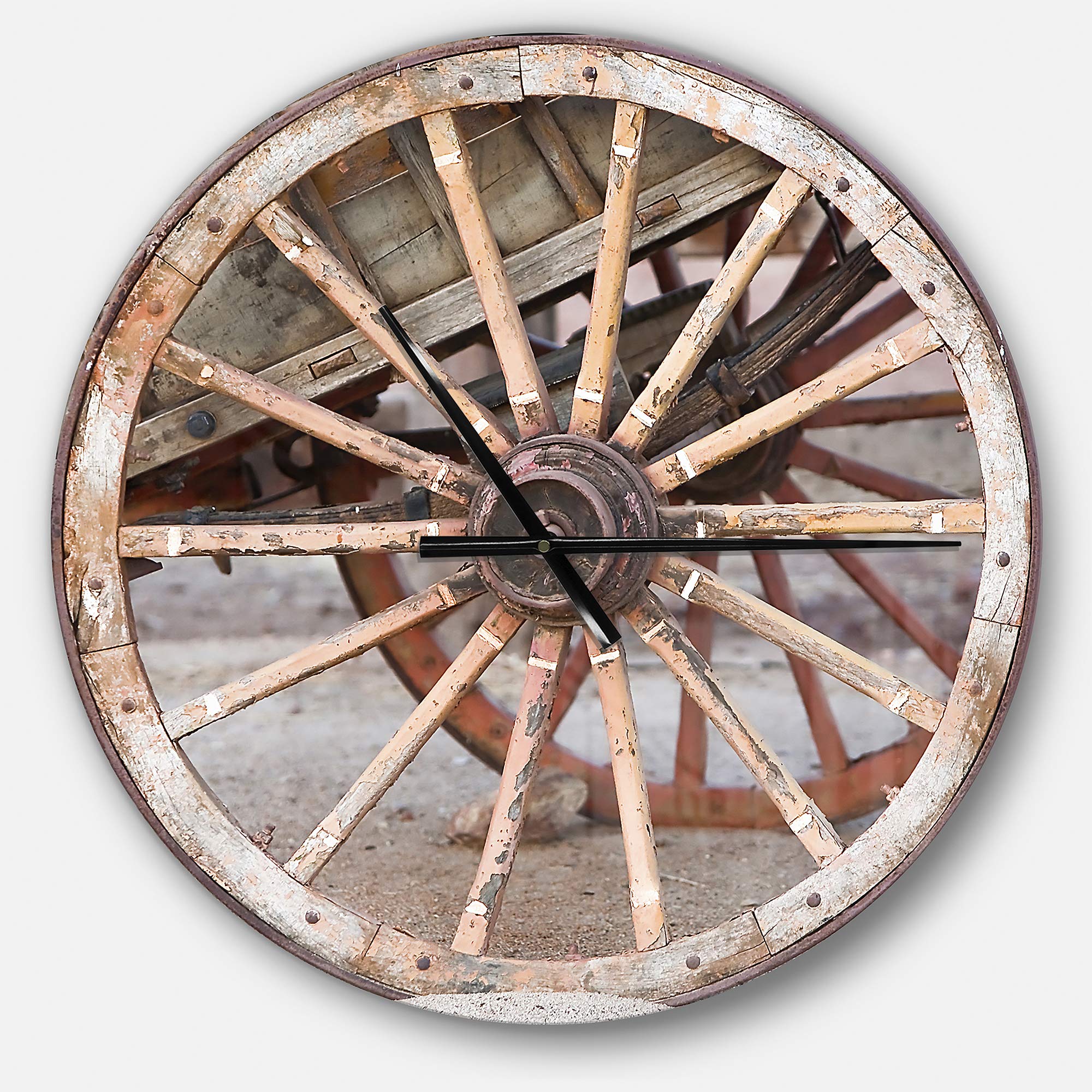 Designart Spanish Wooden Country Carriage Wheel Wall Art - Farmhouse Circle Wall Clock Decor for Living Room, Bedroom & Office | Rustic Metal Round Clock for Home Decor | Perfect for Farmhouse, Cottage & Vintage Style Interiors