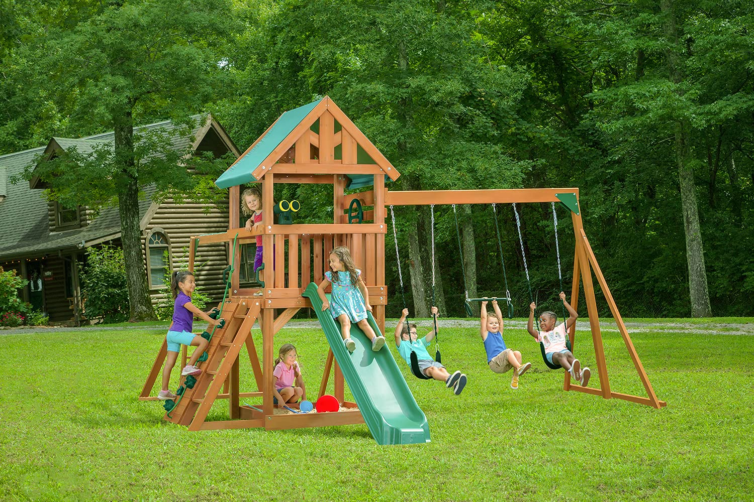 Mountain View Wooden Swing Set with Tarp Roof - Customizable Accessories & Slide Colors (Green Options) - Perfect for Backyard Playgrounds & Outdoor Family Fun