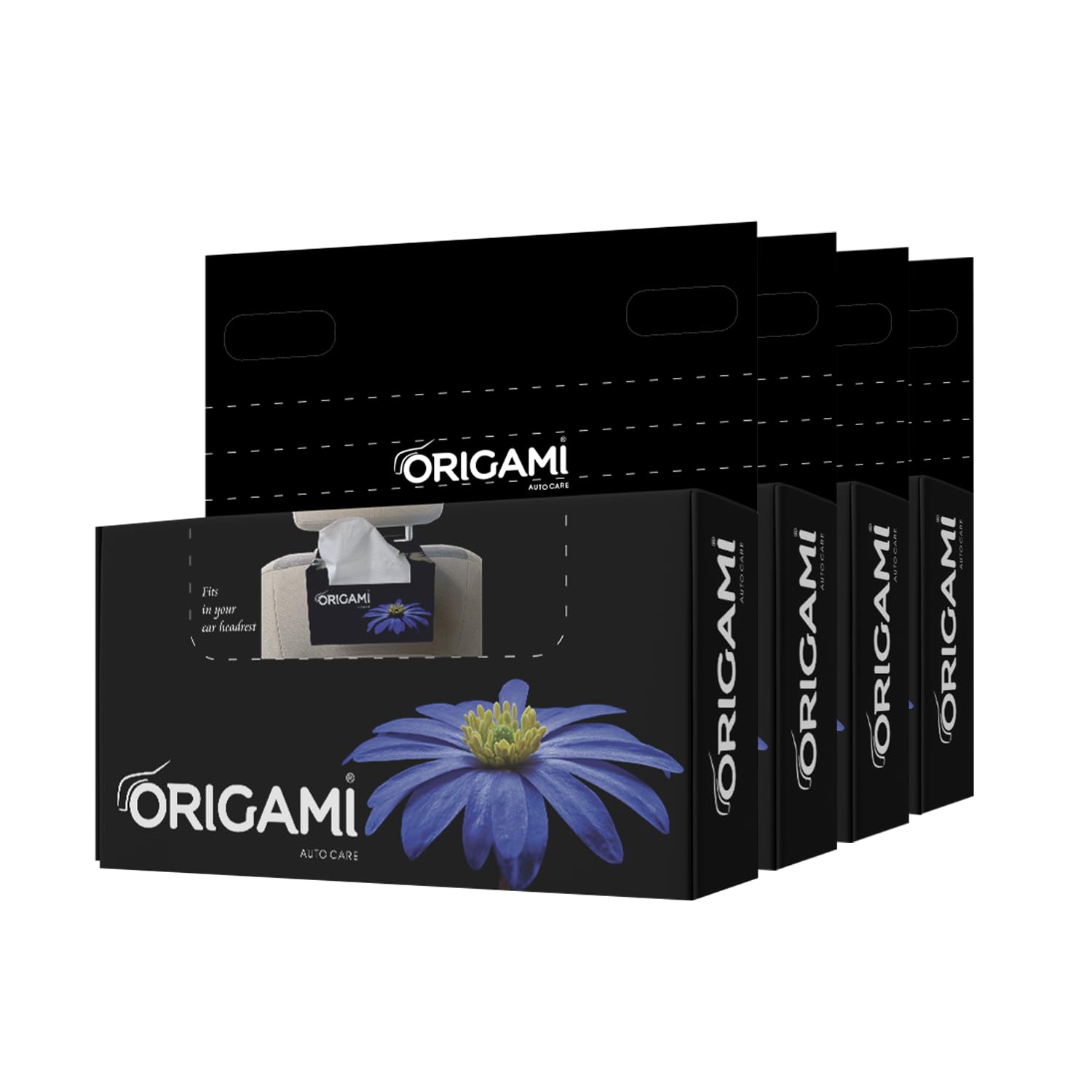 Origami 2-Ply Car Tissue Box Holder | 4-Pack Facial Tissues (100 Pulls Per Box, 400 Sheets) - Soft & Convenient for Car, Office, and Home Use