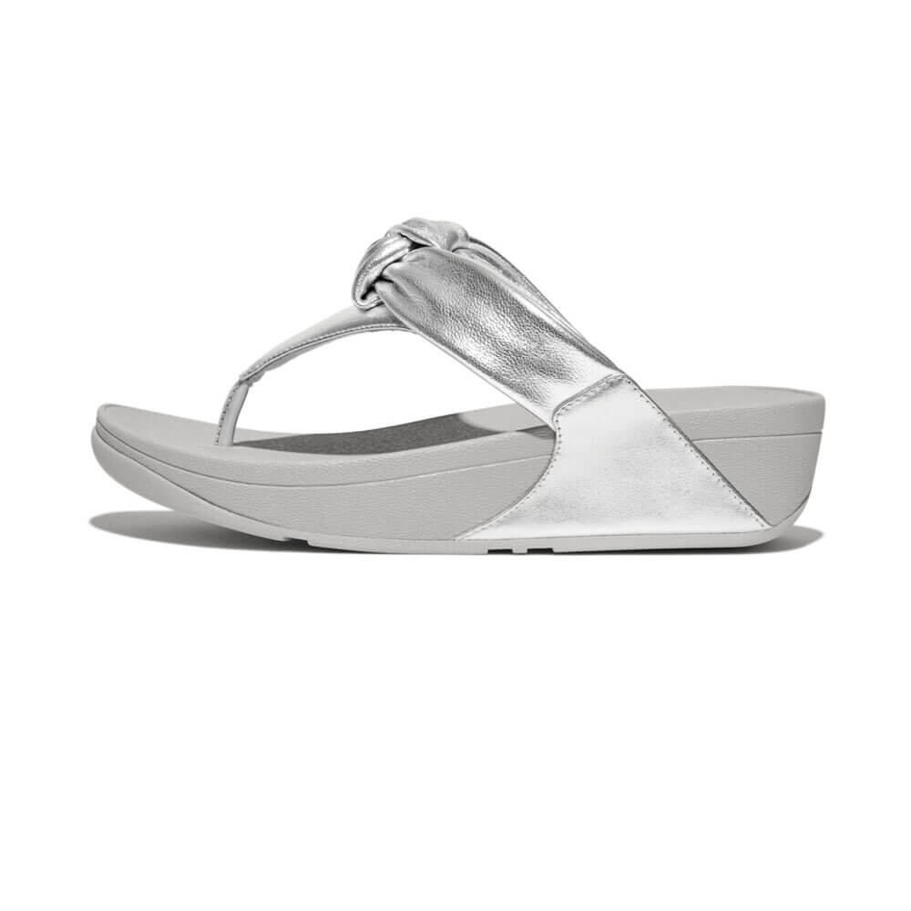 FitFlop Lulu Padded Knot Metallic Leather Toe Post Sandals for Women - Comfortable Orthopedic Flip Flops with Arch Support - Silver | Perfect for Beach, Pool, and Summer Vacation