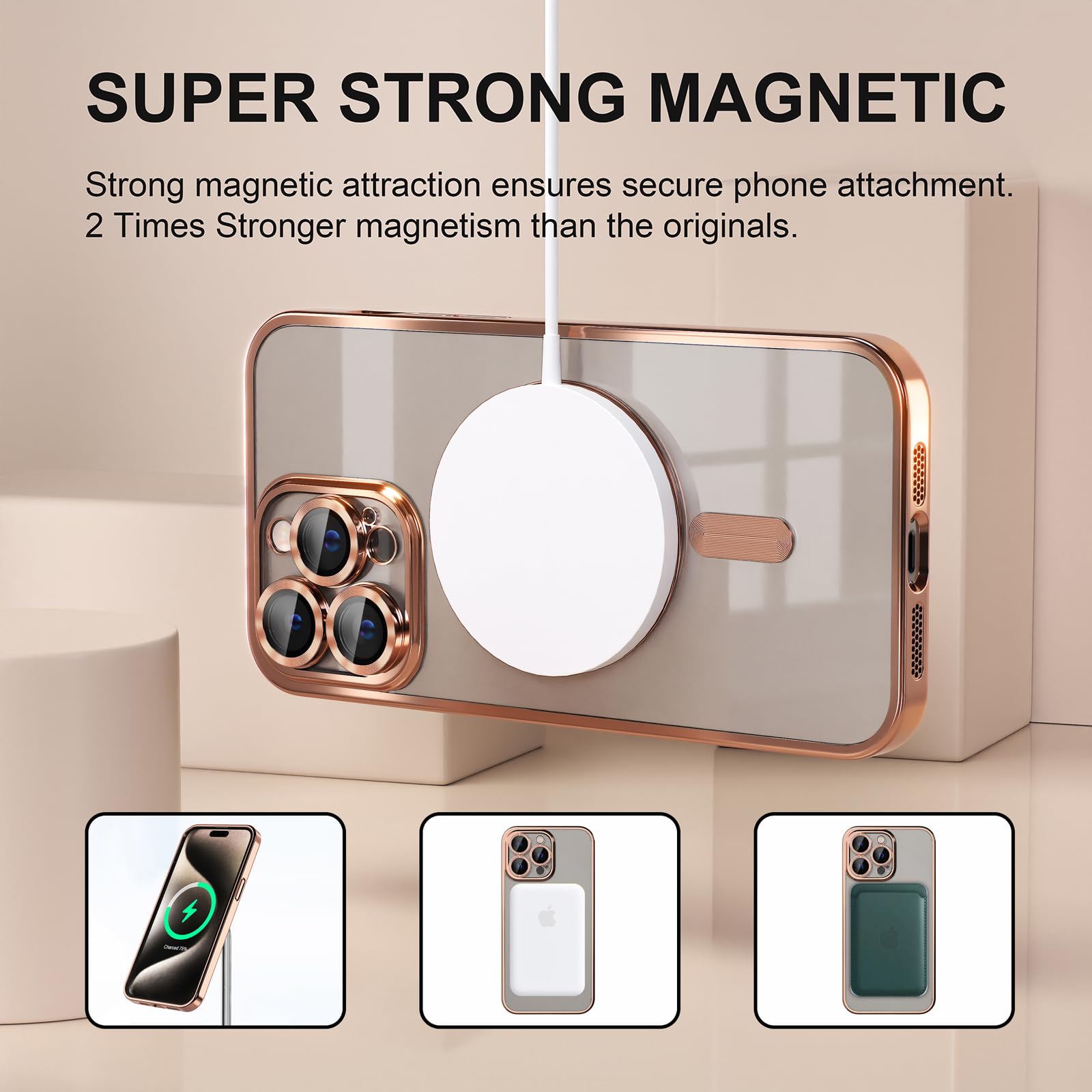Misea Magnetic iPhone 15 Pro Max Case with MagSafe - Military Grade Drop Protection, Anti-Yellowing Clear Cover, Full Camera Lens Protector - Perfect for Women & Girls (Gold) | Everyday Protection & Stylish Design for Work, Travel & Social Outings