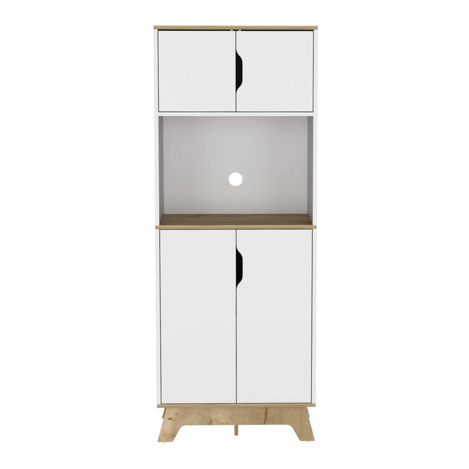 Dahoon Double Door Microwave Pantry Cabinet in Light Oak & White - Perfect for Kitchen Storage & Organization