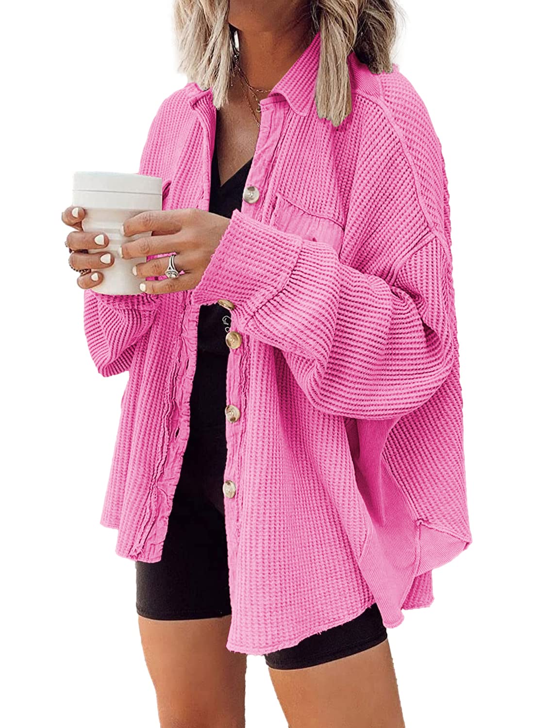 Nirovien Women's Waffle Knit Shacket - Oversized Button Down Shirt Jacket for Spring | Lightweight Long Sleeve Open Front Cardigan | Casual Outfits, Layering, Workwear & Weekend Wear