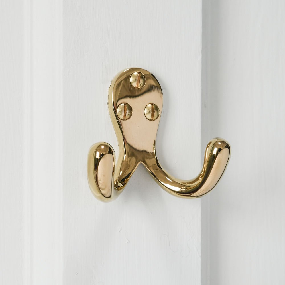 Polished Brass Double Wardrobe Hooks - Heavy Duty Coat Hangers for Closet, Bathroom & Entryway Organization - Perfect for Hanging Robes, Towels, Hats and Bags