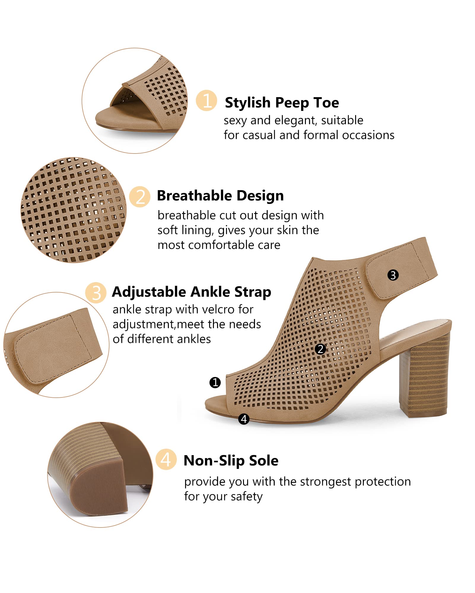 Coutgo Women's Open Toe Ankle Strap High Heel Sandals - Chunky Block Heel Booties for Party, Wedding & Evening Outfits