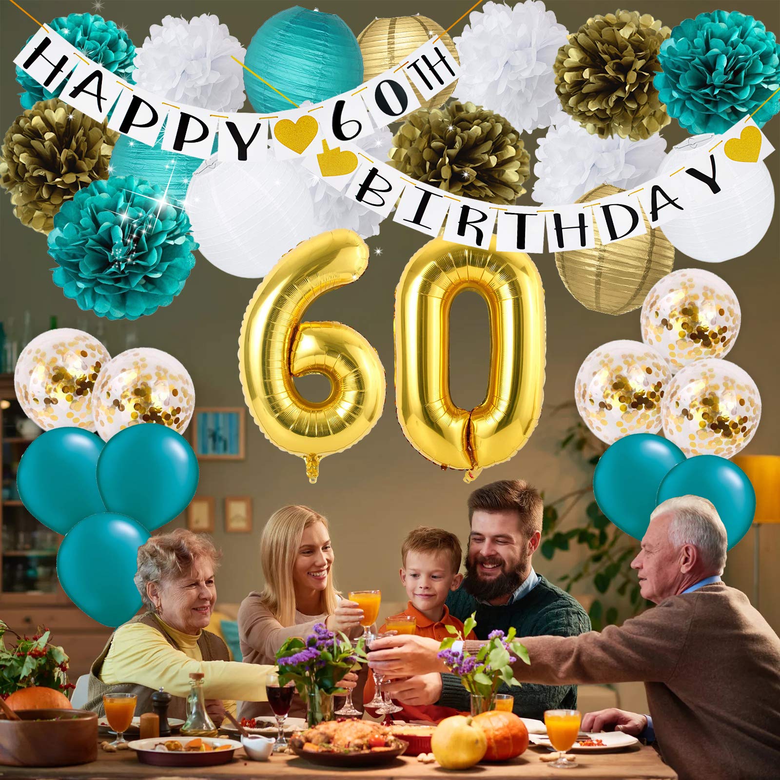 Elegant Teal & Gold 60th Birthday Party Decorations Set - 60 Balloons, Confetti & Happy Birthday Banner - Perfect for Women's Milestone Celebration & Anniversary Party Supplies | Great for Home Decor, Surprise Parties & Photo Backdrops