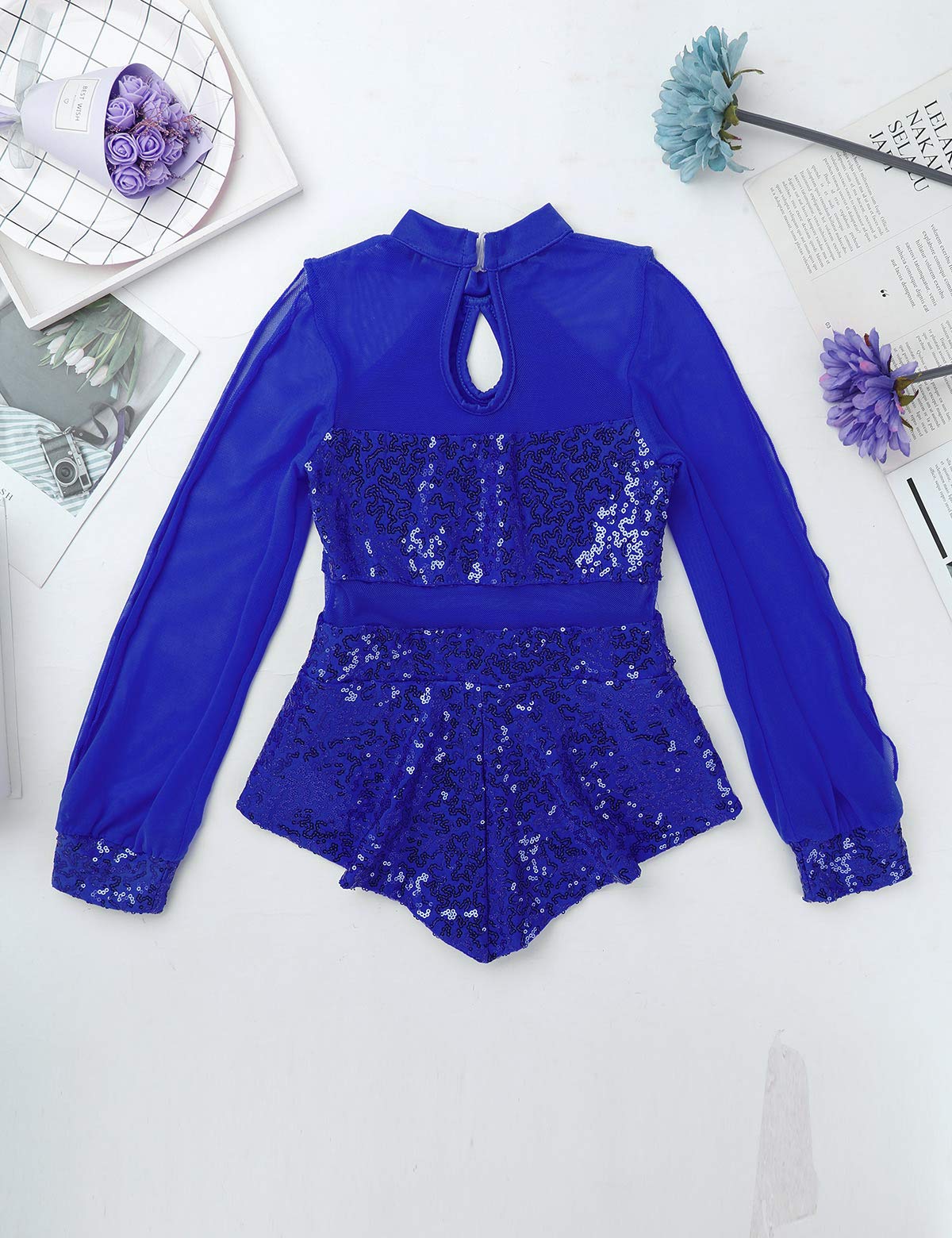 Kids Girls Mock Neck Sequins Keyhole Tulle Split Long Sleeves Ballet Leotard Dance Jumpsuit - Gymnastics Performance, Recital Costume, Stage Show Outfit