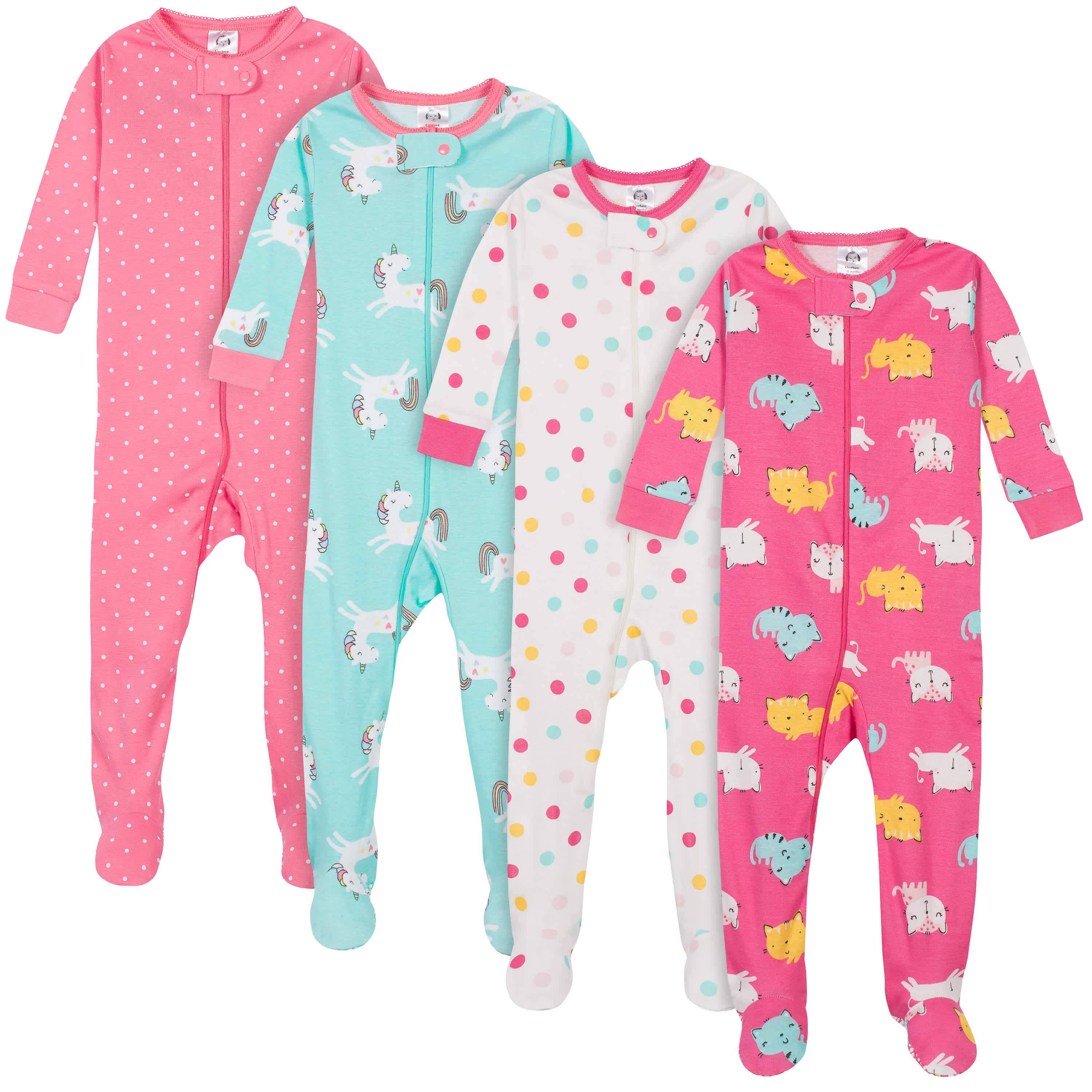 4 Pack Baby & Toddler Girls Unicorn & Cat Snug Fit Footed Cotton Pajamas - Soft Sleepwear for Playtime & Bedtime