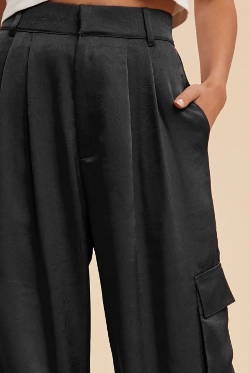 Annie Wear Women's Wide Leg Cargo Pants - High Waisted Satin Trousers for Casual & Streetwear | Perfect for Work, Travel & Night Out