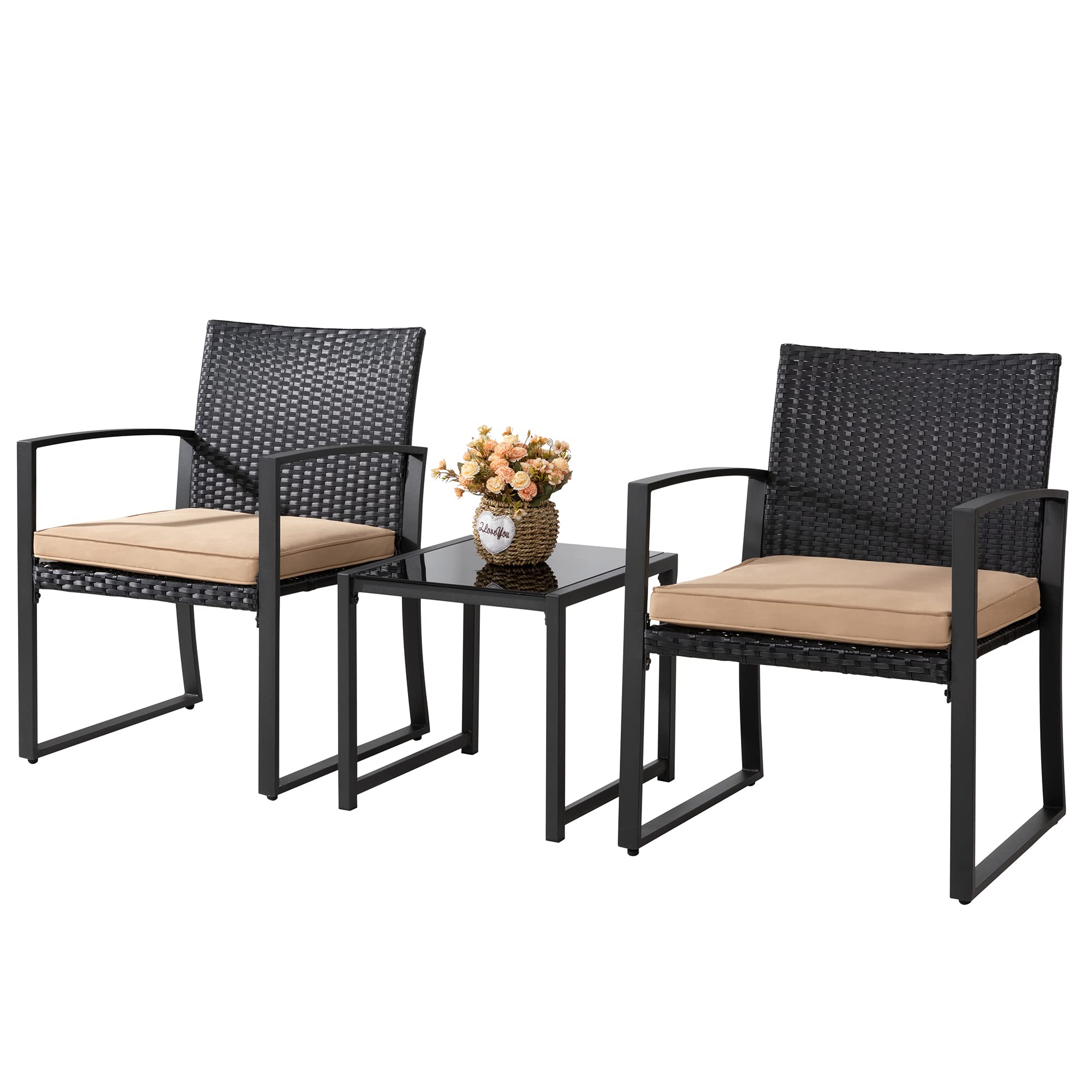 Shintenchi 3-Piece Outdoor Patio Furniture Set - Modern Wicker Bistro Set with 2 Rattan Chairs & Coffee Table - Perfect for Yard, Porch, Poolside, Lawn & Garden (Khaki) | Durable Weather-Resistant Patio Conversation Set for Outdoor Relaxation & Entertaining