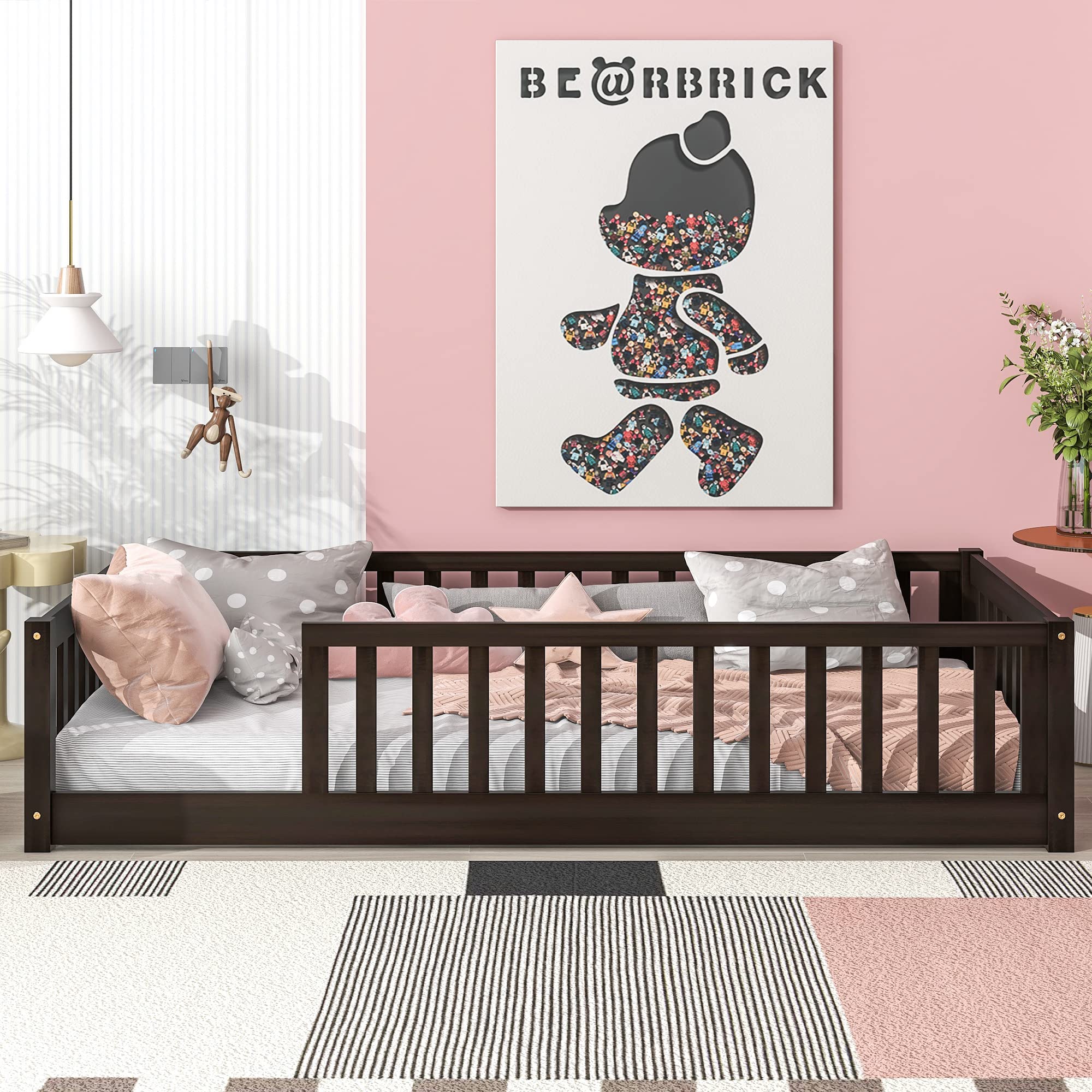 Montessori Twin Floor Bed for Kids - Solid Wood Frame with Sturdy Slats & Safety Rail - Durable Toddler Bed for Boys, Girls & Teens - Espresso Finish - Perfect for Montessori Rooms, Daycare or Small Spaces