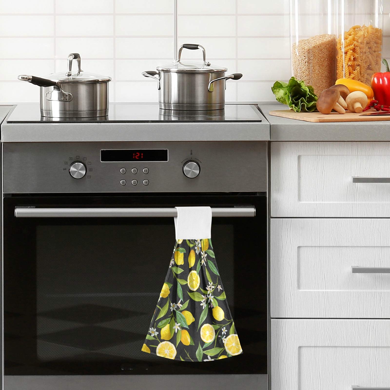 Lemon Flower Print Kitchen Hand Towels - 2 Pack Absorbent Cotton Hanging Towels with Loops for Bathroom, Kitchen & Home Decor | Fruit & Floral Leaves Design