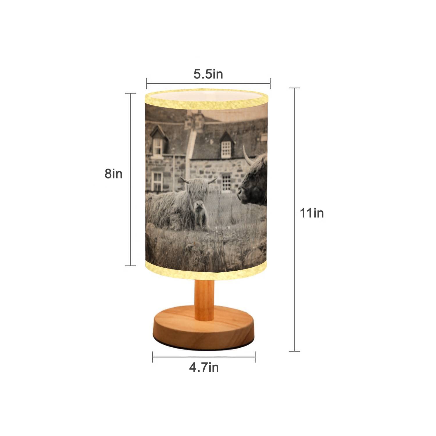 Minimalist Wooden Highland Cow Nightstand Lamp with Flaxen Fabric Shade - Modern Bedside Table Light for Bedroom, Nursery & Living Room - Perfect for Reading, Relaxation & Home Decor