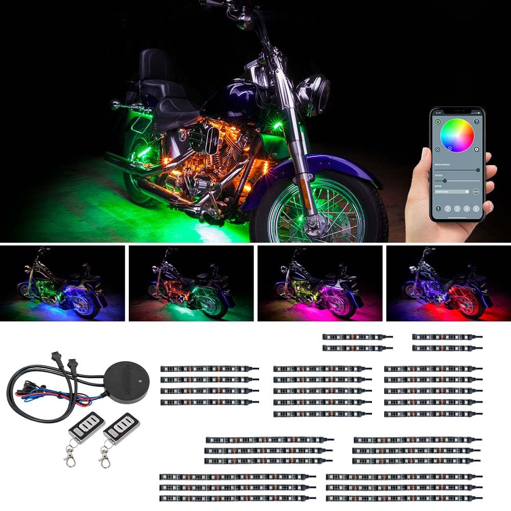 LEDGlow 30-Piece Bluetooth Motorcycle LED Accent Lighting Kit - 16 Million Colors, Smartphone App Control, Dual Zone & Brake Light Features, Waterproof - Perfect for Night Rides, Bike Shows & Custom Motorcycle Lighting