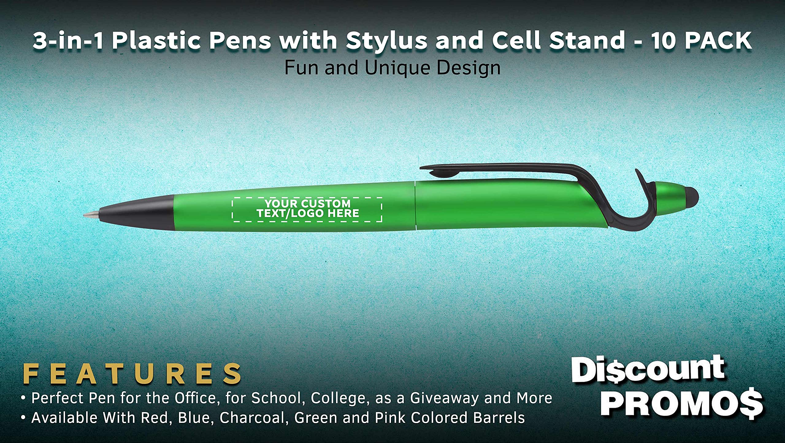 10-Pack 3-in-1 Multi-Function Plastic Pens with Stylus Tip & Phone Stand - Custom Text/Logo Printing - Ballpoint Black Ink (Green) - Perfect for Office, School & Business Promotions