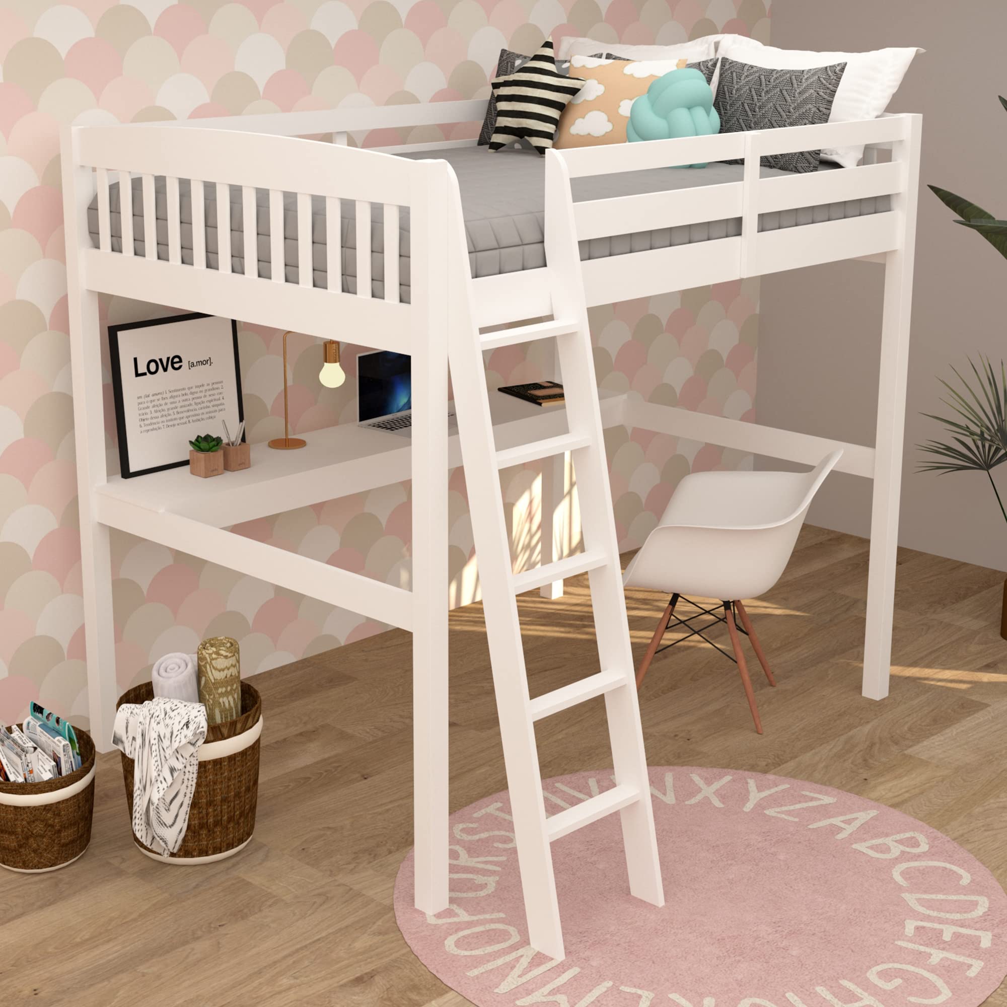 Harper & Bright Designs Full Size Loft Bed with Study Desk - Solid Wood High Loft Bed with Ladder for Kids, Teens & Adults - No Box Spring Needed - White - Perfect for Small Bedrooms, Dorm Rooms & Home Offices