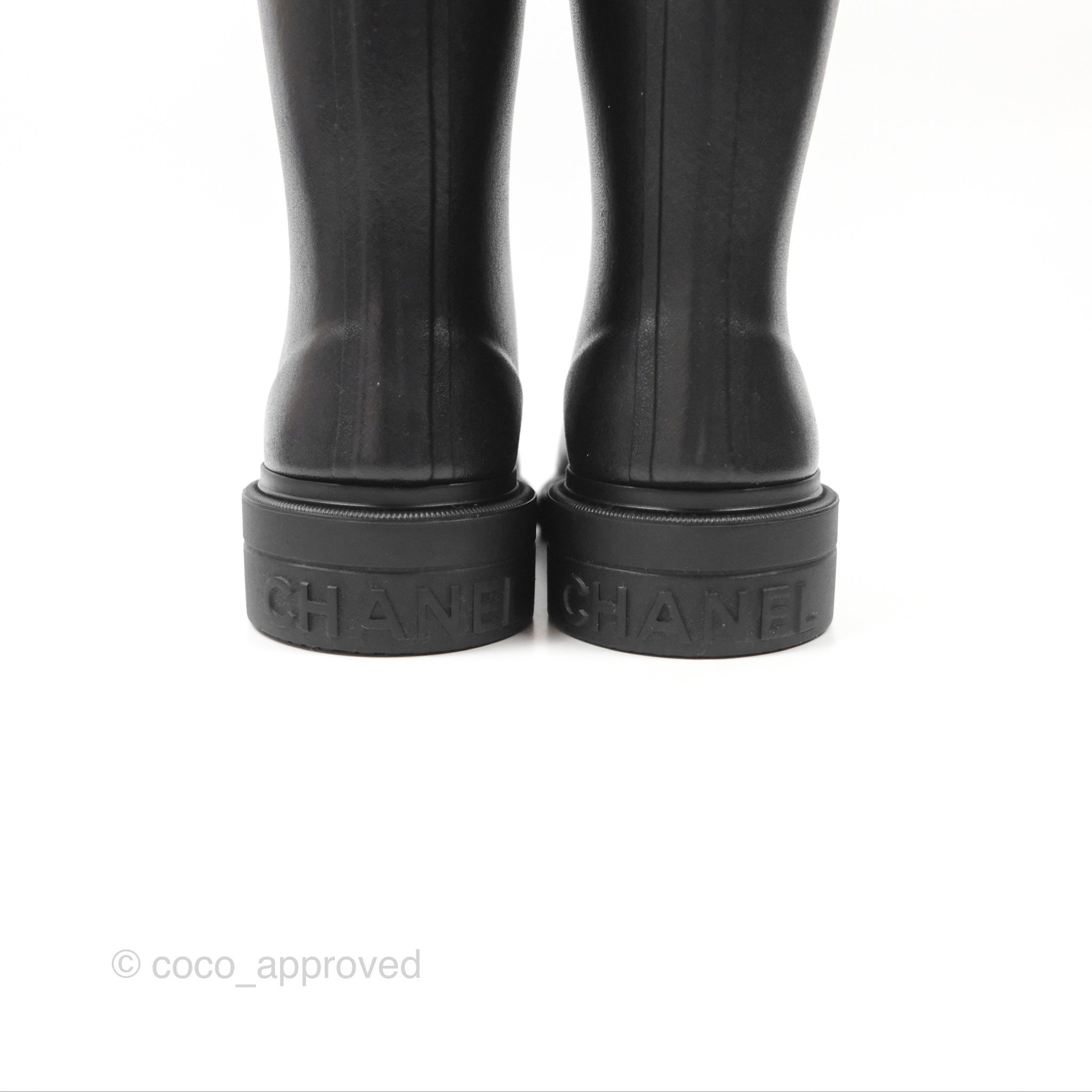 Chanel CC Logo Black Rubber Rain Boots Women's Size 37 - Waterproof Fashion Booties for Rainy Days & Outdoor Adventures