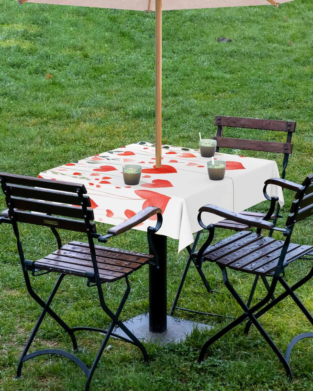 Valentine's Day Waterproof Tablecloth with Umbrella Hole & Zipper - Spillproof Rectangular Table Cover for Outdoor Dining, Picnics, Parties - Romantic Red Heart Leaves Design for Patio, Garden & Backyard Gatherings