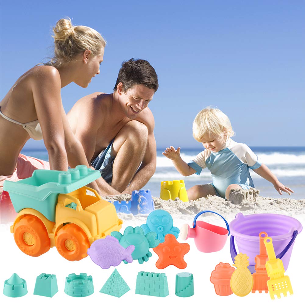 **MIFXIN 17-Piece Kids Beach Toys Set for Toddlers - Sand Truck, Bucket, Shovels, Rakes, Castle Molds & Water Can - Soft Plastic Outdoor Sand Play for Boys & Girls - Perfect for Beach, Backyard & Poolside Fun**