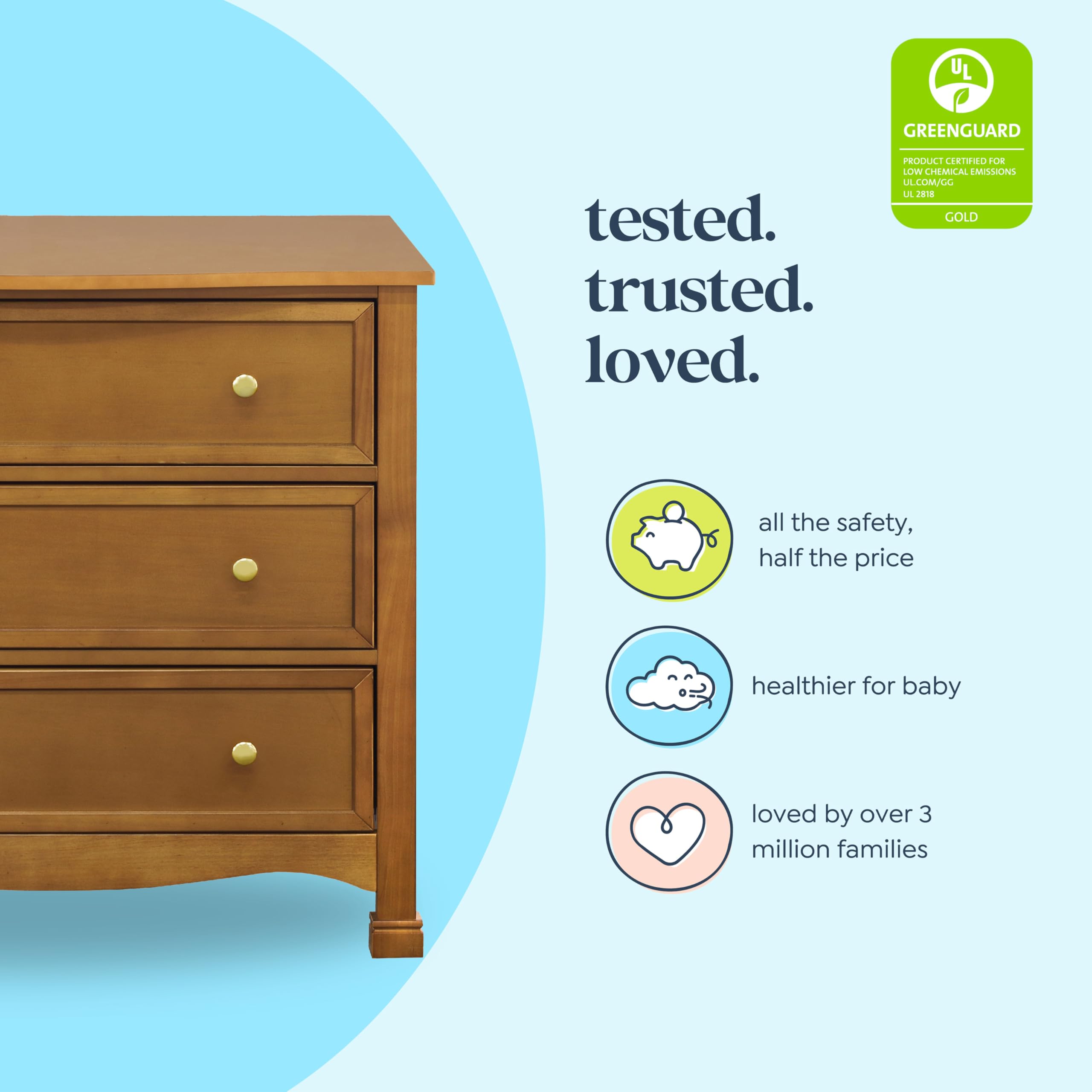 DaVinci Kalani 3-Drawer Chestnut Wood Dresser - Stylish Nursery & Bedroom Storage Furniture for Baby Clothes, Toys & Essentials