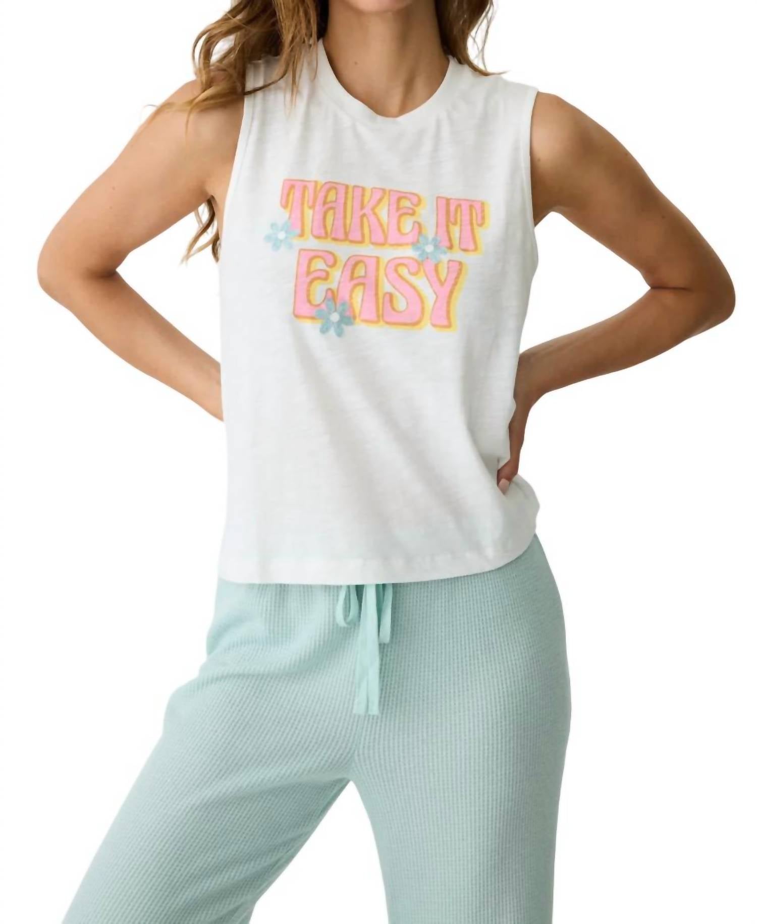 Take It Easy Graphic Sleeveless Tank Top - White Cotton Casual Shirt for Women | Perfect for Summer, Gym & Beach Outfits