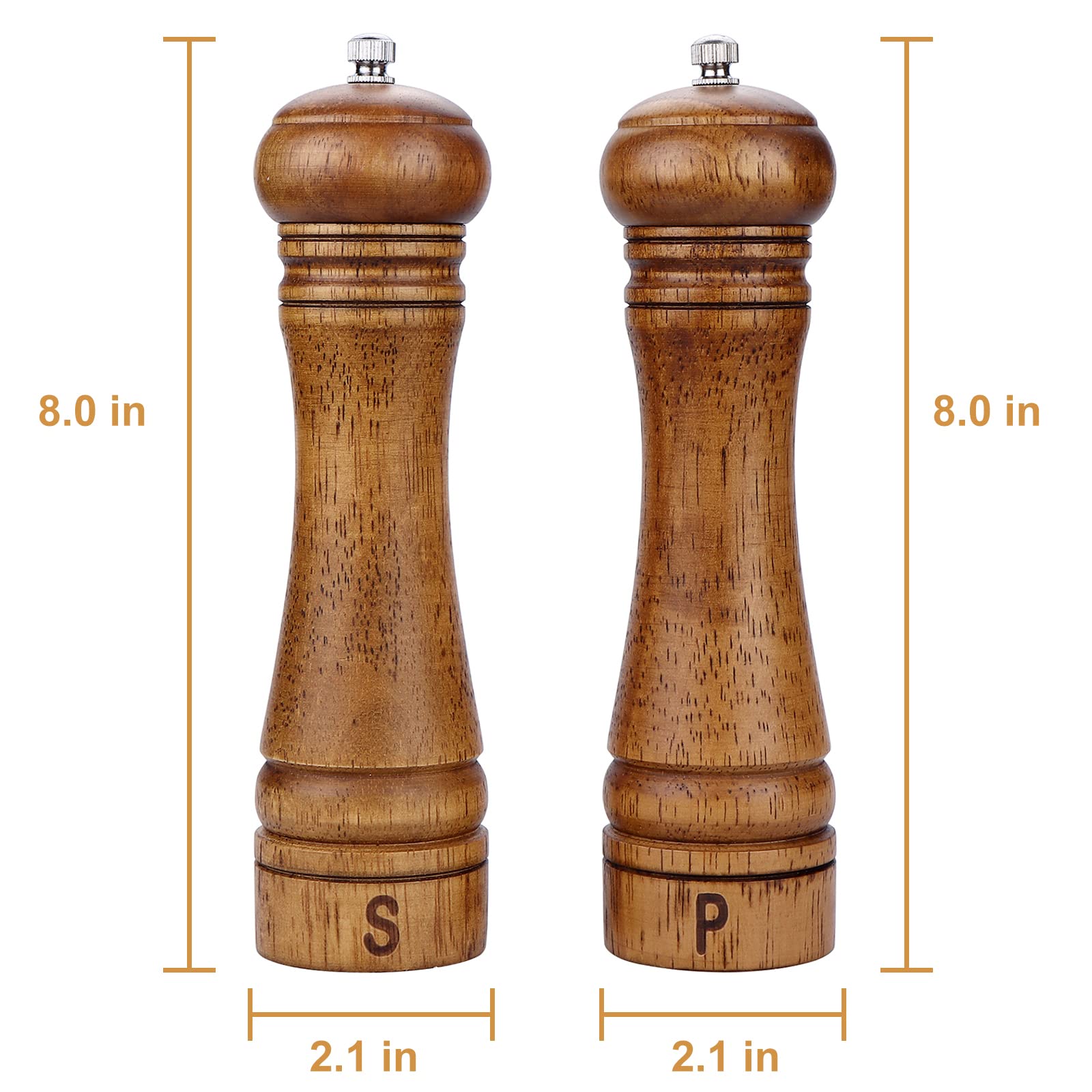 Premium Gulex® 8 Inch Wood Pepper Grinder & Salt Mill Set (2 Pack) - Adjustable Coarseness, Ceramic Grinding Core, Refillable - Perfect for Kitchen, Dining Table & Gourmet Cooking