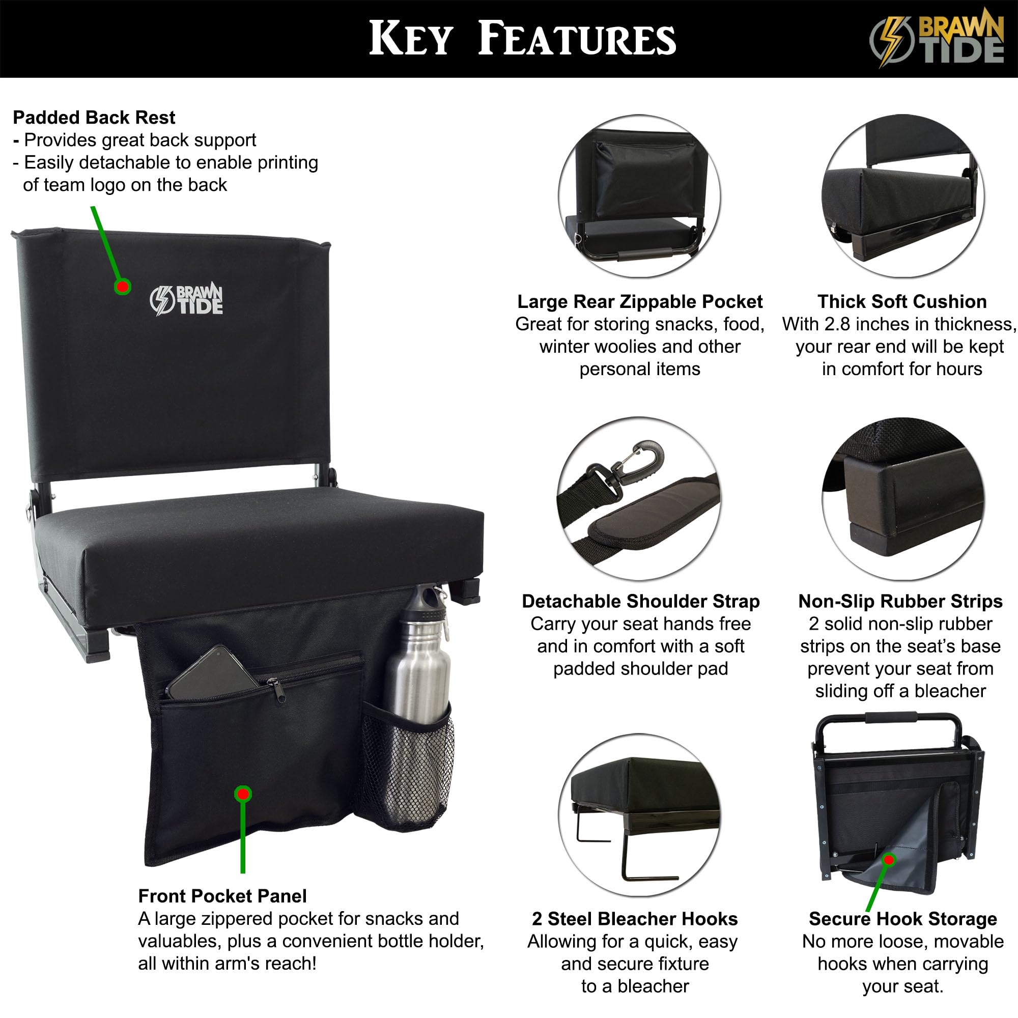 BRAWNTIDE Wide Stadium Seat with Extra Thick Cushion - Lightweight Folding Chair with Back Support & Storage Pockets - Perfect for Football Games, Concerts, Camping & Outdoor Events