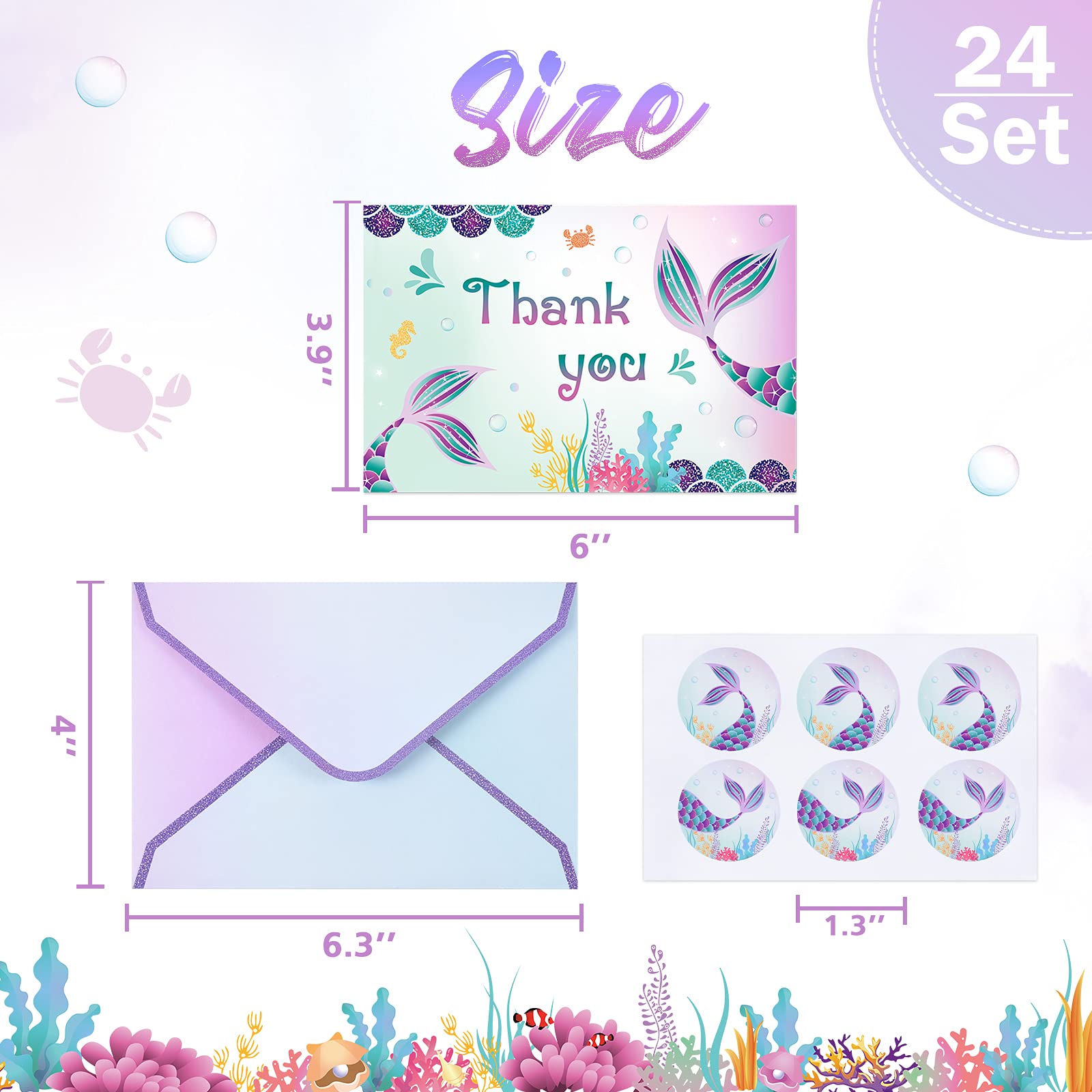 WERNNSAI Mermaid Thank You Cards - 24 Sets with Envelopes for Birthday Gifts & Party Favors