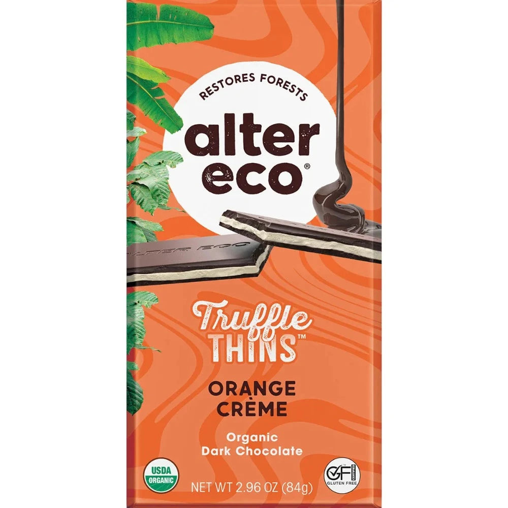 ALTER ECO Organic Dark Chocolate Orange Creme Truffle Thins 84g - Gourmet Vegan Snacks for Holidays, Gifts & Dessert Lovers