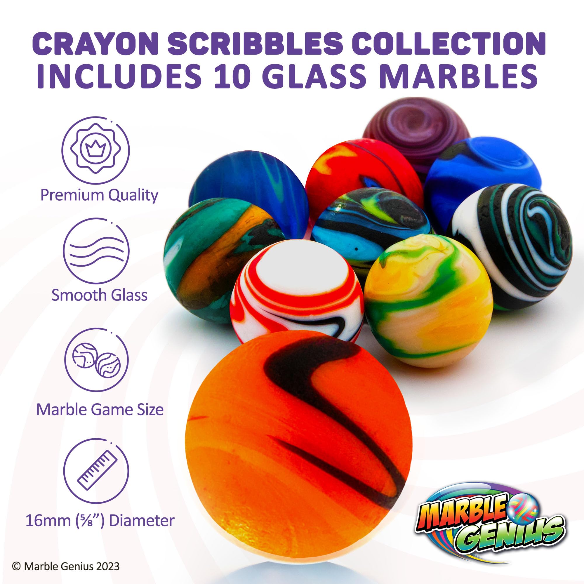 Marble Genius Collectors Marbles - 10 Handmade Glass Marbles with Unique Scribble Design, 16mm (5/8 Inch) - Perfect Gift for Marble Enthusiasts & Kids Ages 3+ - Great for Collecting, Games & Home Decor