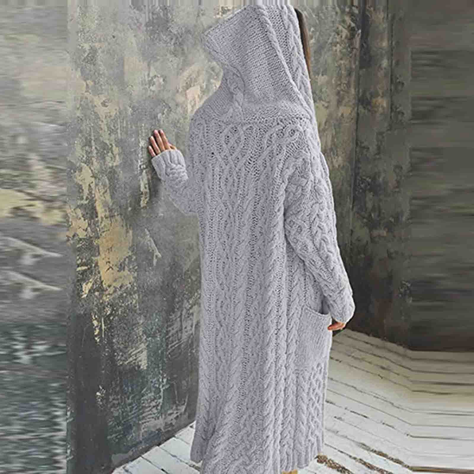 JEGULV Women's Hooded Chunky Knit Cardigan Sweater - Open Front Long Outwear Solid Color Overcoat for Casual Wear, Office & Fall Layering