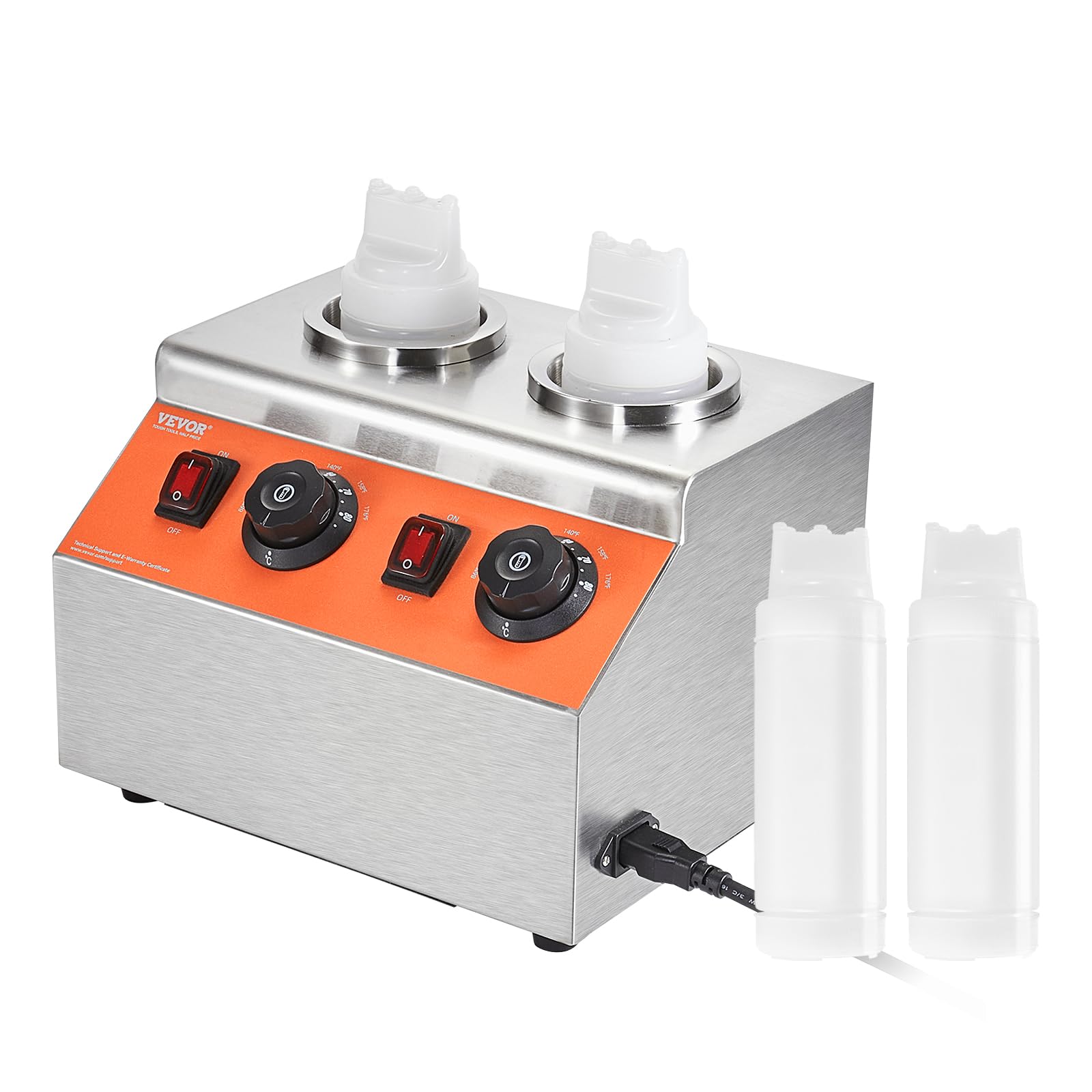 VEVOR Electric Bottle Warmer - 0.57x2 Qt Commercial Dispenser with 86-185°F Adjustable Temperature - Plastic Double Bottles for Hot Fudge, Nacho Cheese, Caramel - Perfect for Restaurants, Cafes & Catering Services