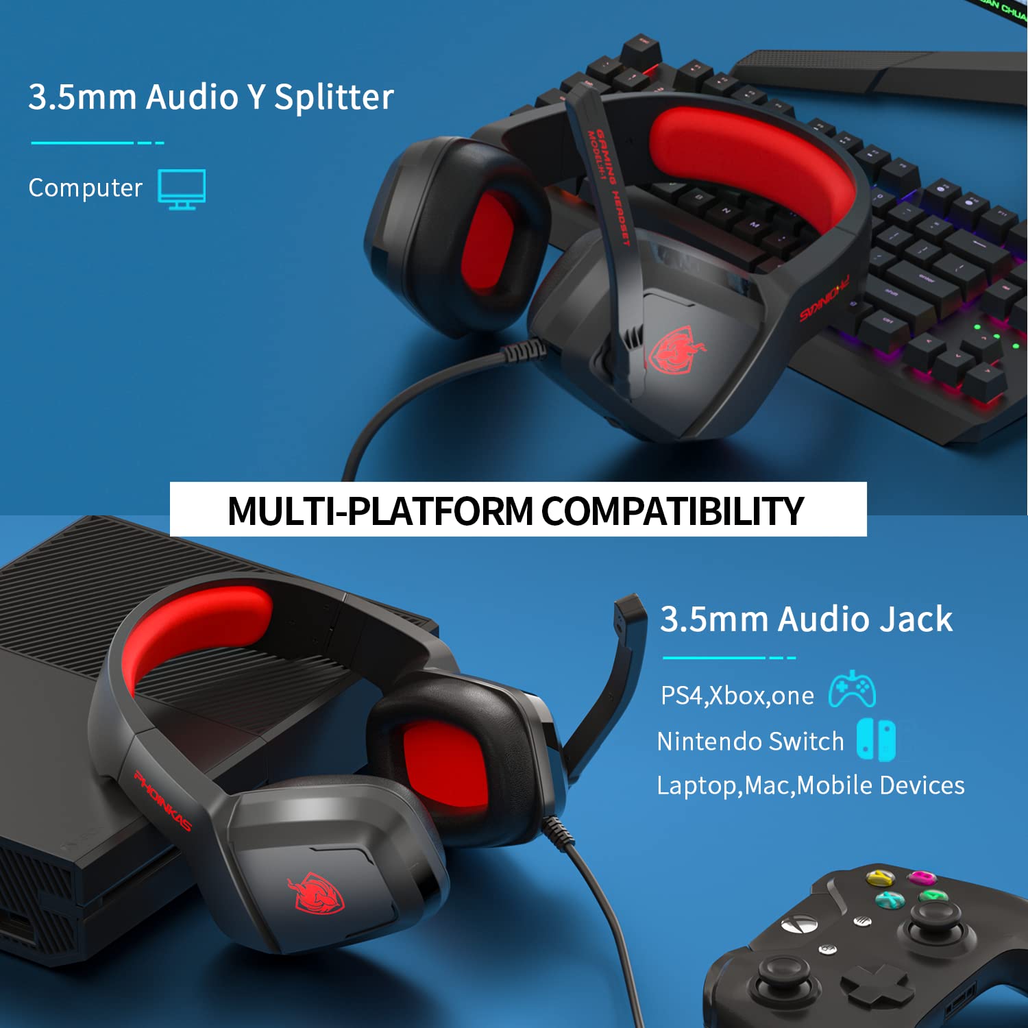 PHOINIKAS H1 Gaming Headset for PS4, Xbox One, PC, Laptop, Nintendo Switch - Noise Cancelling Microphone, Over Ear Headphones with Bass Surround Sound - Red | Perfect for Online Gaming, Streaming & Virtual Meetings