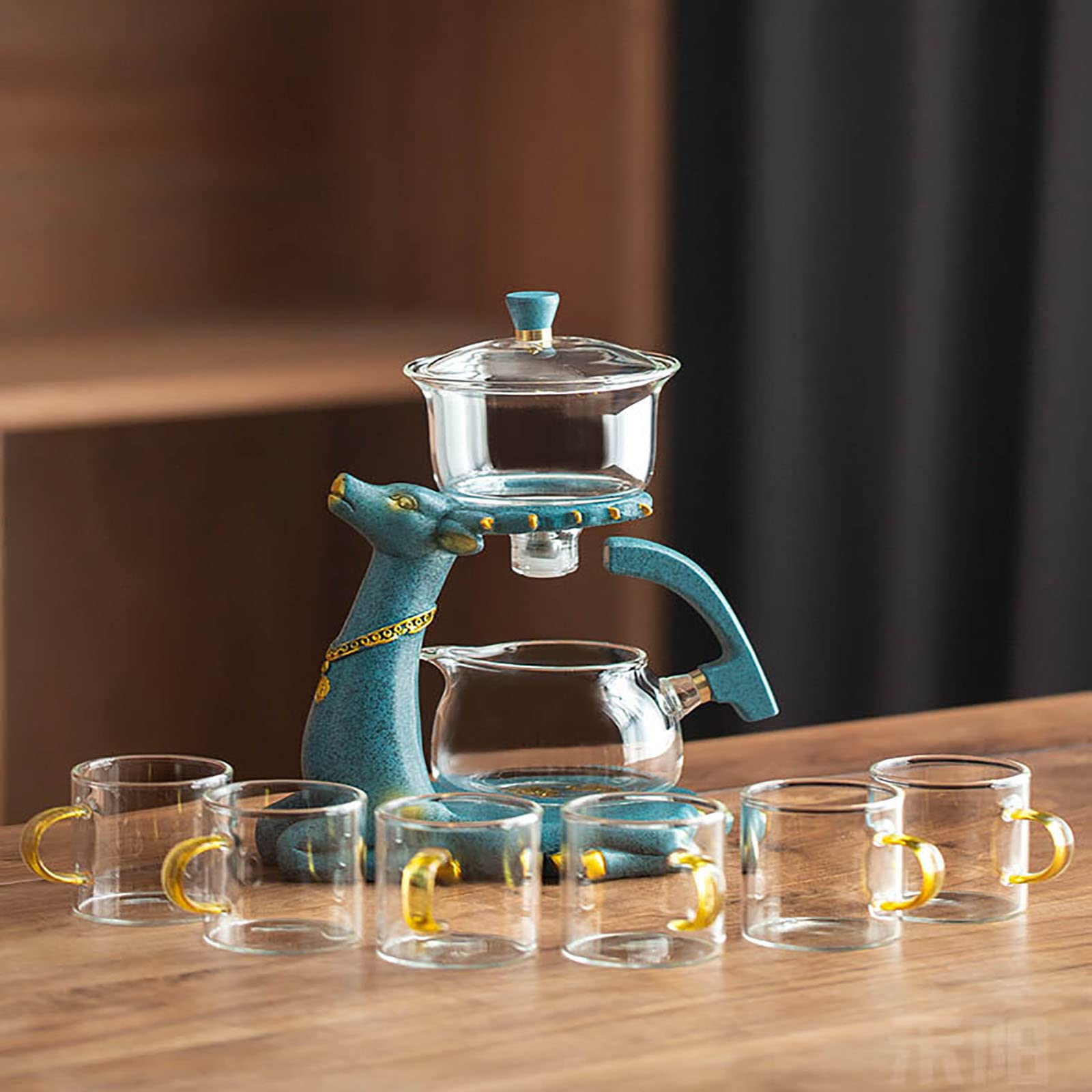 TEARORA Heat Resistant Glass Teapot Set with Magnetic Water Diversion - Clear Borosilicate Glass Tea Pot with Blue Deer Design - Perfect for Loose Leaf Tea, Herbal Infusions & Home Tea Ceremonies