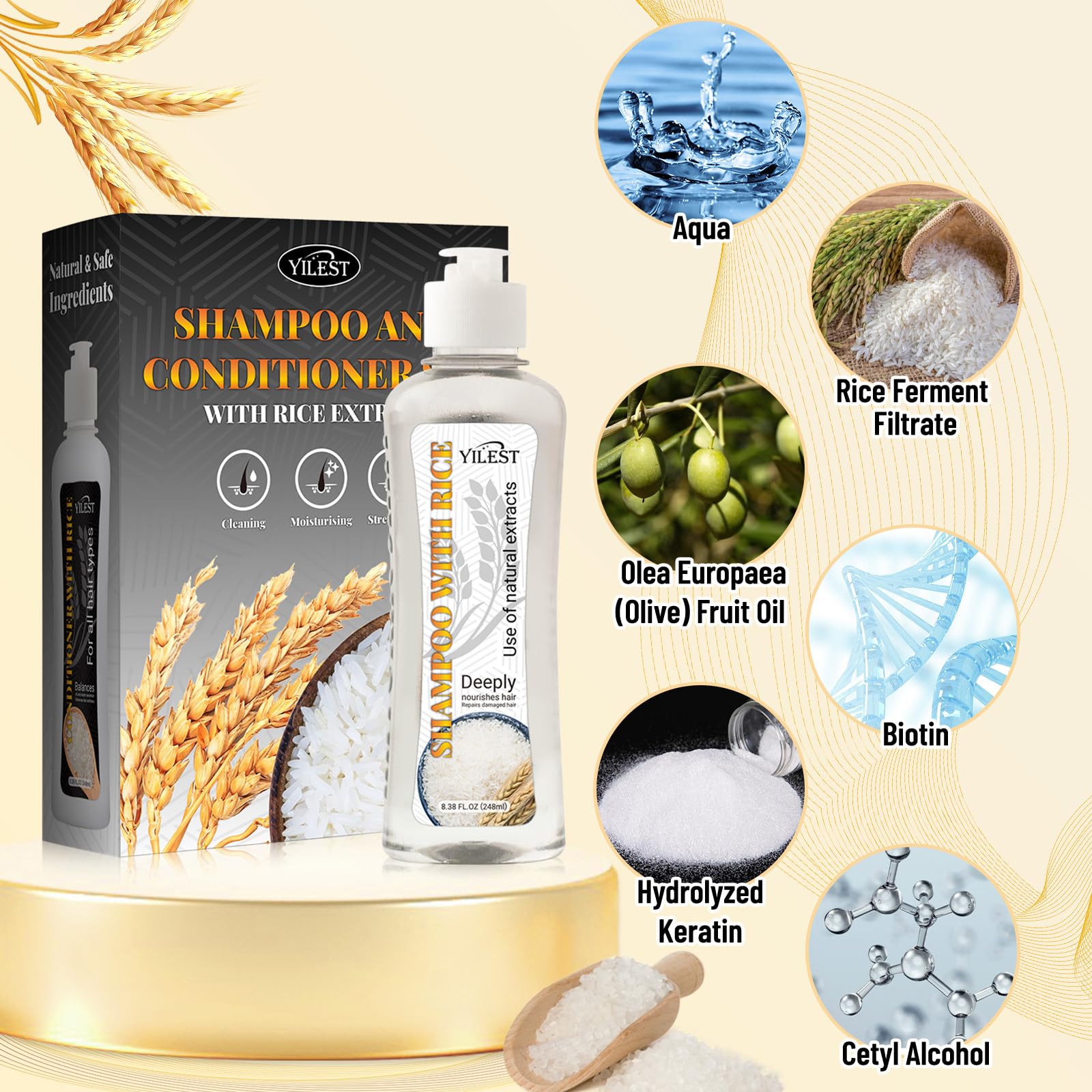 Premium Rice Hair Growth Shampoo & Conditioner Set with Treatment Serum - Anti Hair Loss & Thickening Formula for Men & Women - Stimulates Hair Regrowth & Prevents Thinning - Ideal for Daily Hair Care & Scalp Nourishment