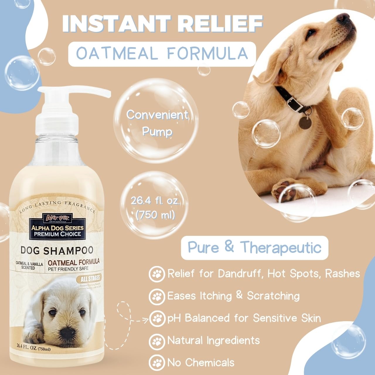 Alpha Dog Series Natural Dog Shampoo & Conditioner with Aloe Vera & Oatmeal - pH Balanced, Tear-Free Formula for Sensitive Skin - 26.4 Oz (Pack of 2) - Perfect for Bathing, Grooming & Soothing Itchy Skin