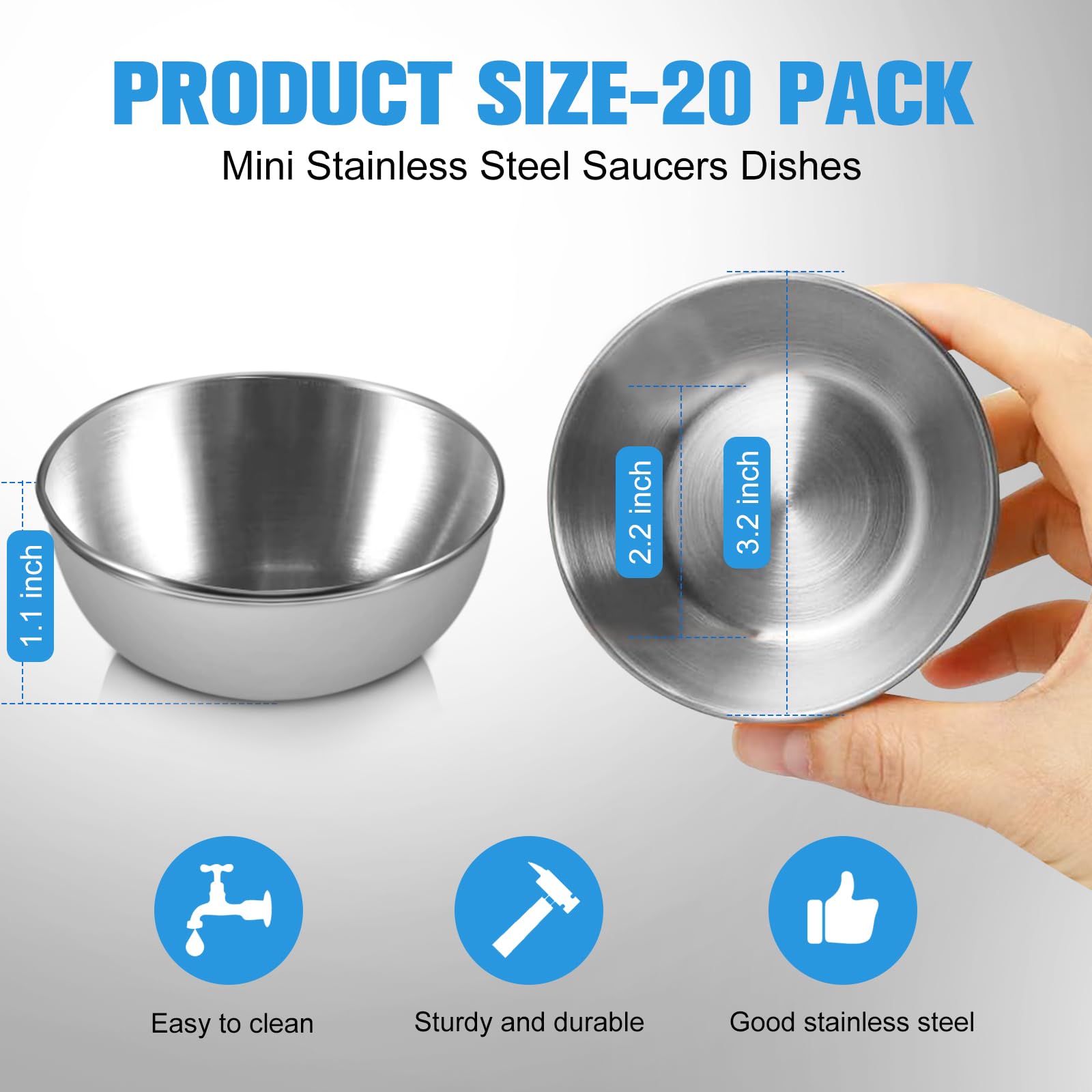 20 Pack 3.2 Inch Stainless Steel Mini Sauce Bowls - 3.5 oz Small Individual Condiment Dishes for Soy Sauce, Sushi Dip, Seasoning - Perfect for Kitchen Prep, Appetizer Serving & Side Dish Presentation