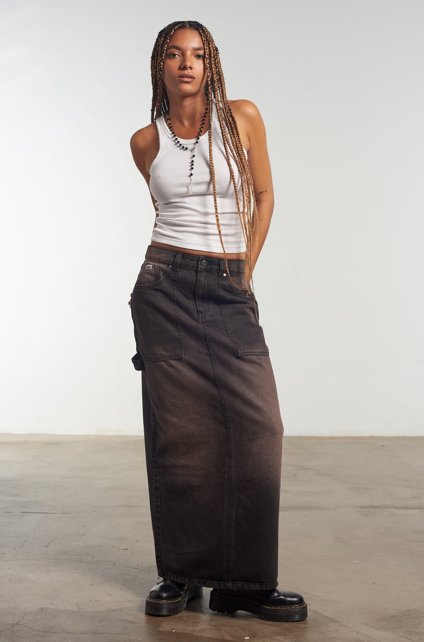 Carpenter Maxi Skirt - Brown Wash Denim Skirt for Women | Casual & Workwear Style | Perfect for Outdoor Activities & Office Wear