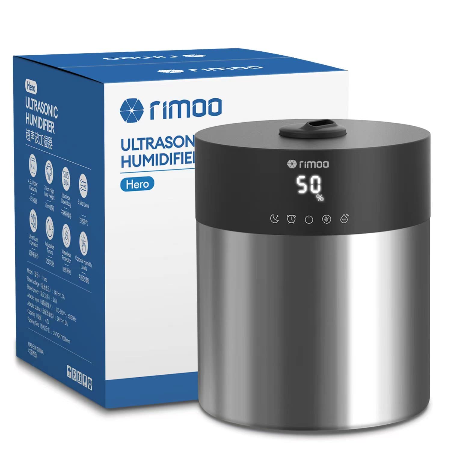 Large Ultrasonic Cool Mist Humidifier with Stainless Steel Tank - Smart Humidistat & Timer, Top Fill Design for Easy Cleaning - Perfect for Bedroom, Baby Nursery & House Plants (300-500 sq ft Coverage)