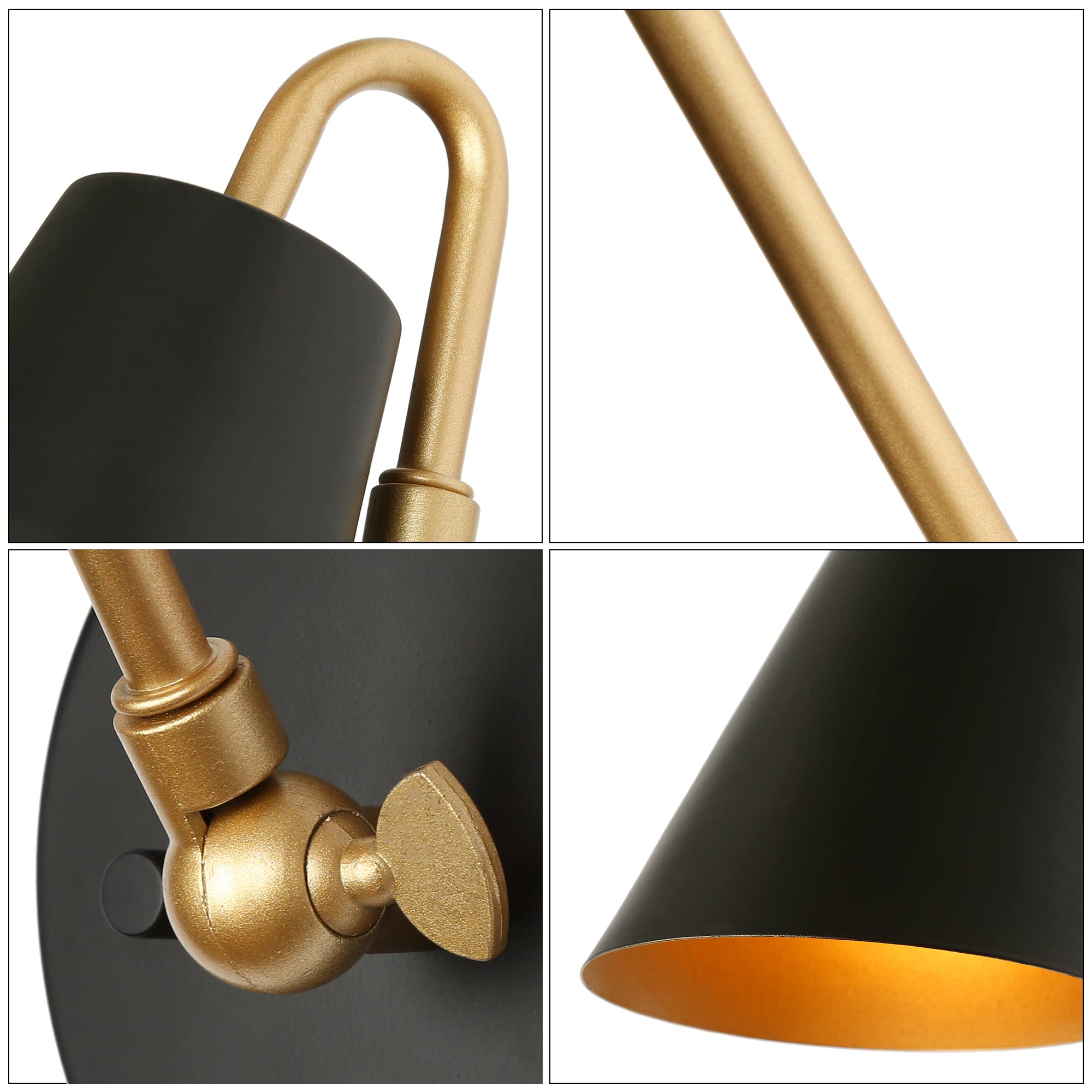 ZEVNI Modern Swing Arm Wall Lamp - Plug-in Wall Sconce with Adjustable Slant-Cut Metal Shade, Black Gold Finish | Perfect for Bedroom, Living Room & Office Lighting