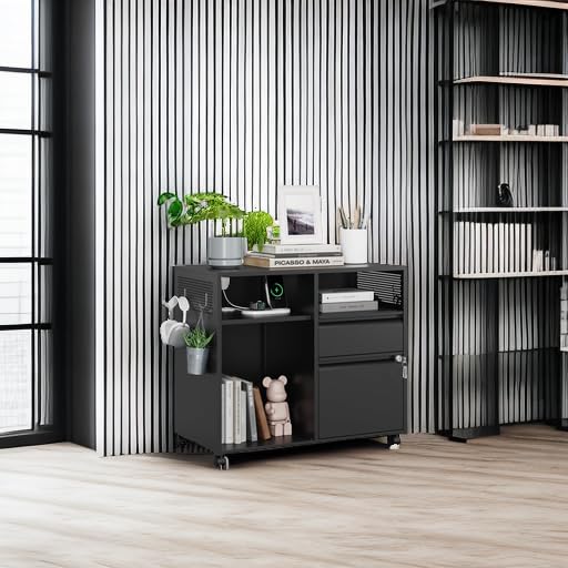 MIIIKO 2 Drawer Mobile File Cabinet with Open Storage Shelves & Lock - Rolling Home Office Organizer for A4, Letter Size Folders & Printer Stand - Perfect for Small Spaces & Office Storage Solutions