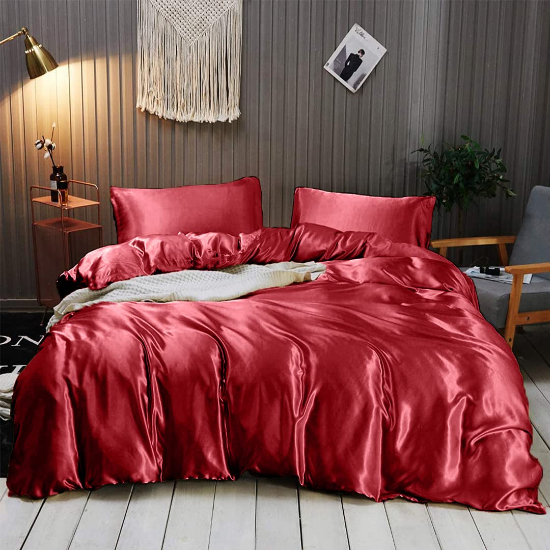 Luxury 7-Piece Silk Satin Sheet Set - Full Size Bedding with Deep Pockets - Breathable & Cooling Hotel Quality Sheets - Wrinkle Free & Ultra Soft - Burgundy Comforter Set for Bedroom Decor & Spa-Like Sleep Experience