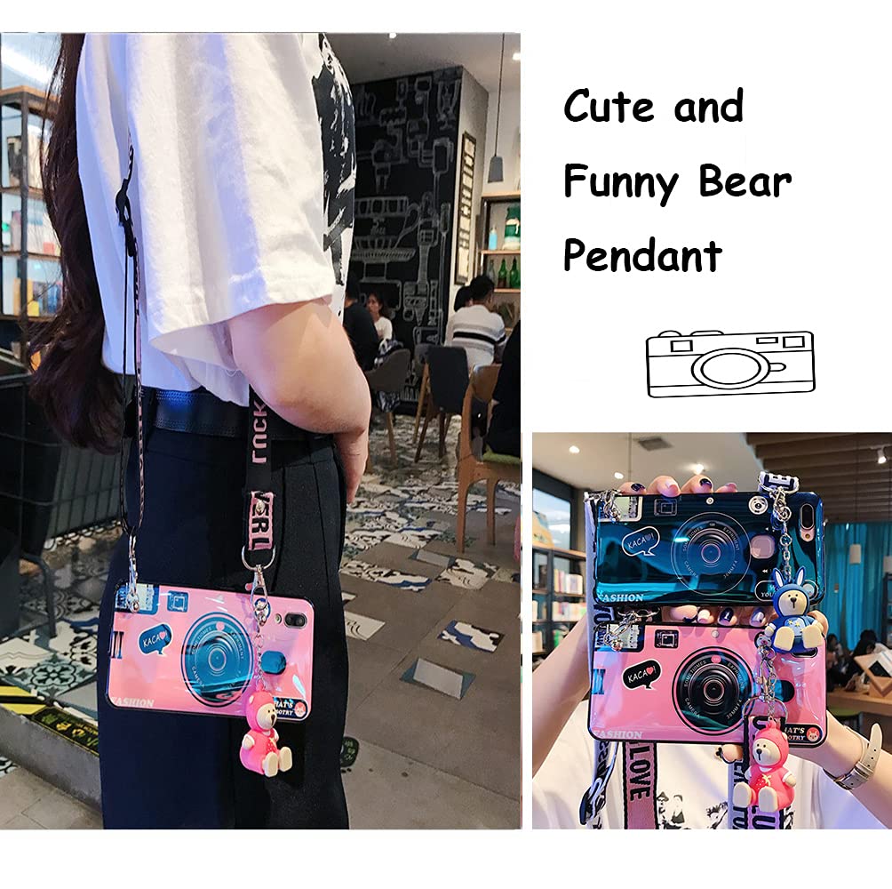 **Cute 3D Bear Doll Camera Crossbody Phone Case for Samsung Galaxy A71 4G – Soft Silicone Shockproof Protective Glitter Cover with Kickstand & Lanyard Strap (Blue Bear) – Perfect for Travel, Selfies & Everyday Use**