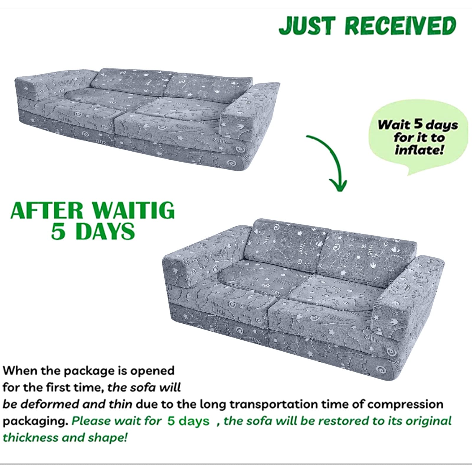 MeMoreCool 10-Piece Modular Kids Play Couch Set - Soft Foldable Sofa for Boys & Girls, Glow-in-The-Dark Dinosaur Design - Perfect for Playroom, Bedroom & Indoor Playtime Activities